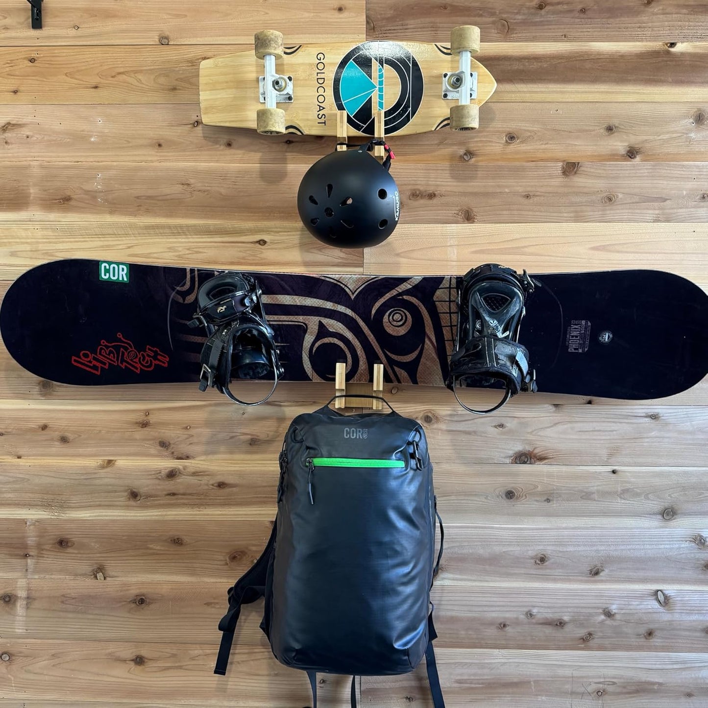 COR Surf Skateboard and Snowboard Wall Mount | Bamboo Skateboard Rack with Extra Storage Hook for Helmet or Bag
