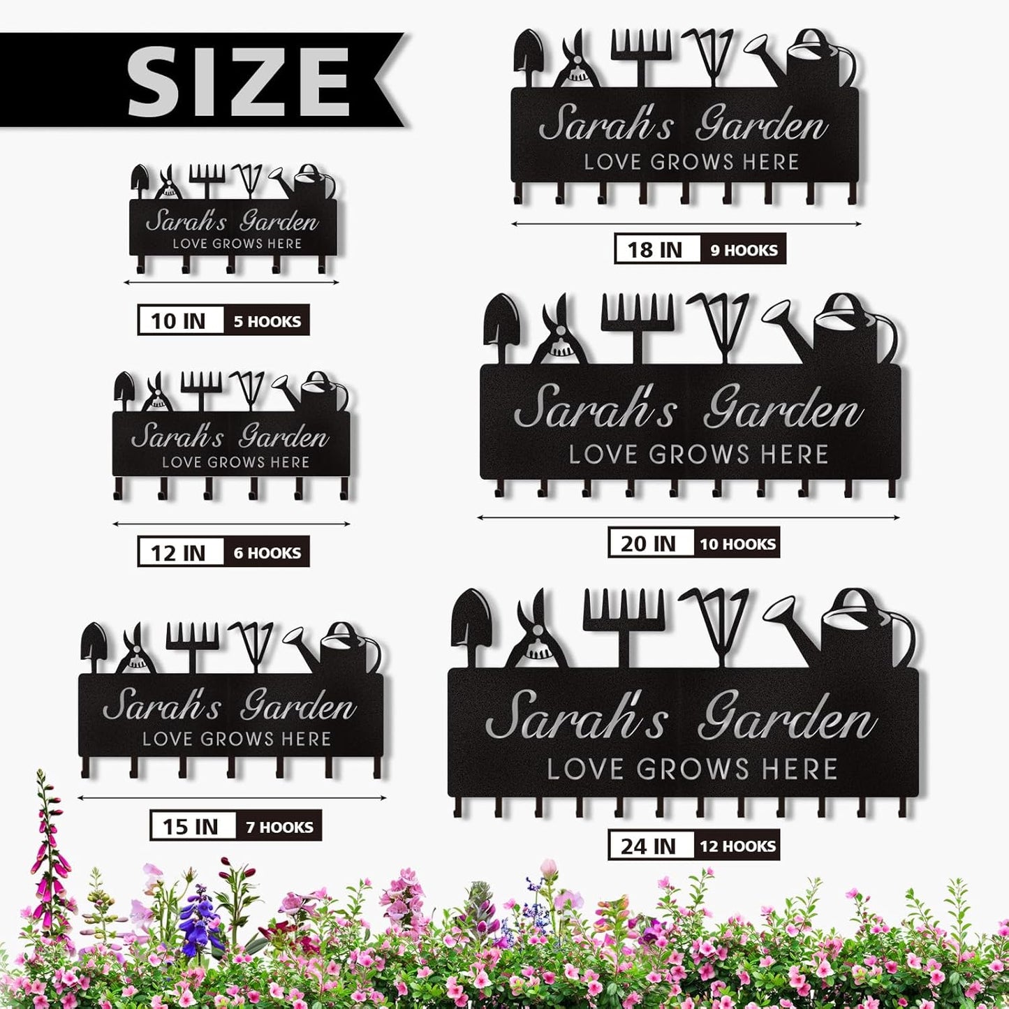Personalized Key Holder for Wall, Custom Name Wall Mounted Black Key Hanger with Horticultural Garden Design, Key Racks Organizer for Hallway Entryway Front Door Storeroom Decor