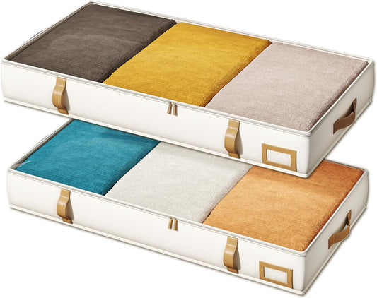 Vailando Storage Containers, 6 Inches Tall 60L Underbed Storage Bins with Leather Handles and Sidewalls, Closet Organizer for Clothes, Blankets, Seasonal Items, Beige with Brown, 2-Pack
