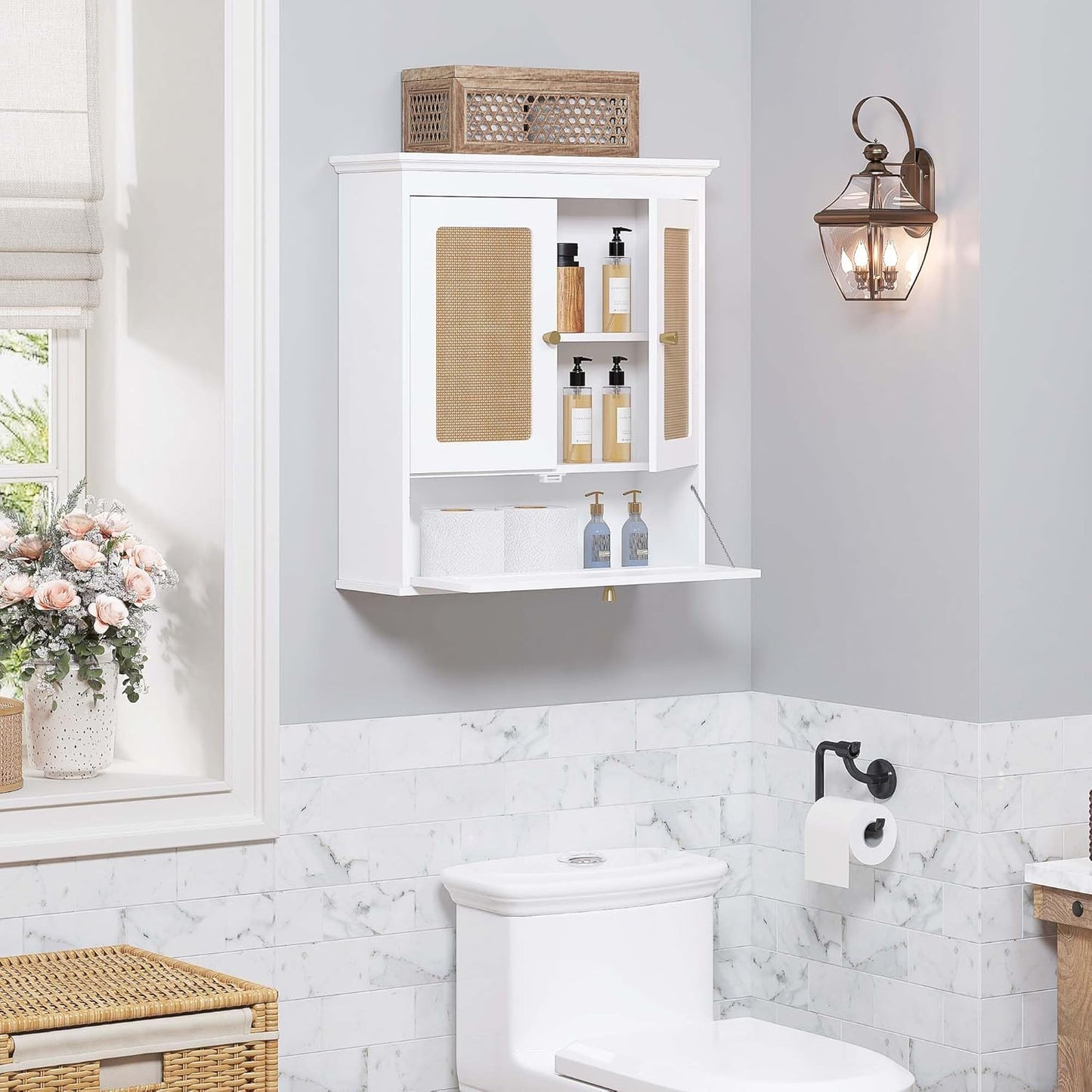 Spirich Bathroom Wall Cabinet Over Toilet, Modern Rattan Medicine Cabinet with Adjustable Shelf, Space-Saving Wall Mount Storage