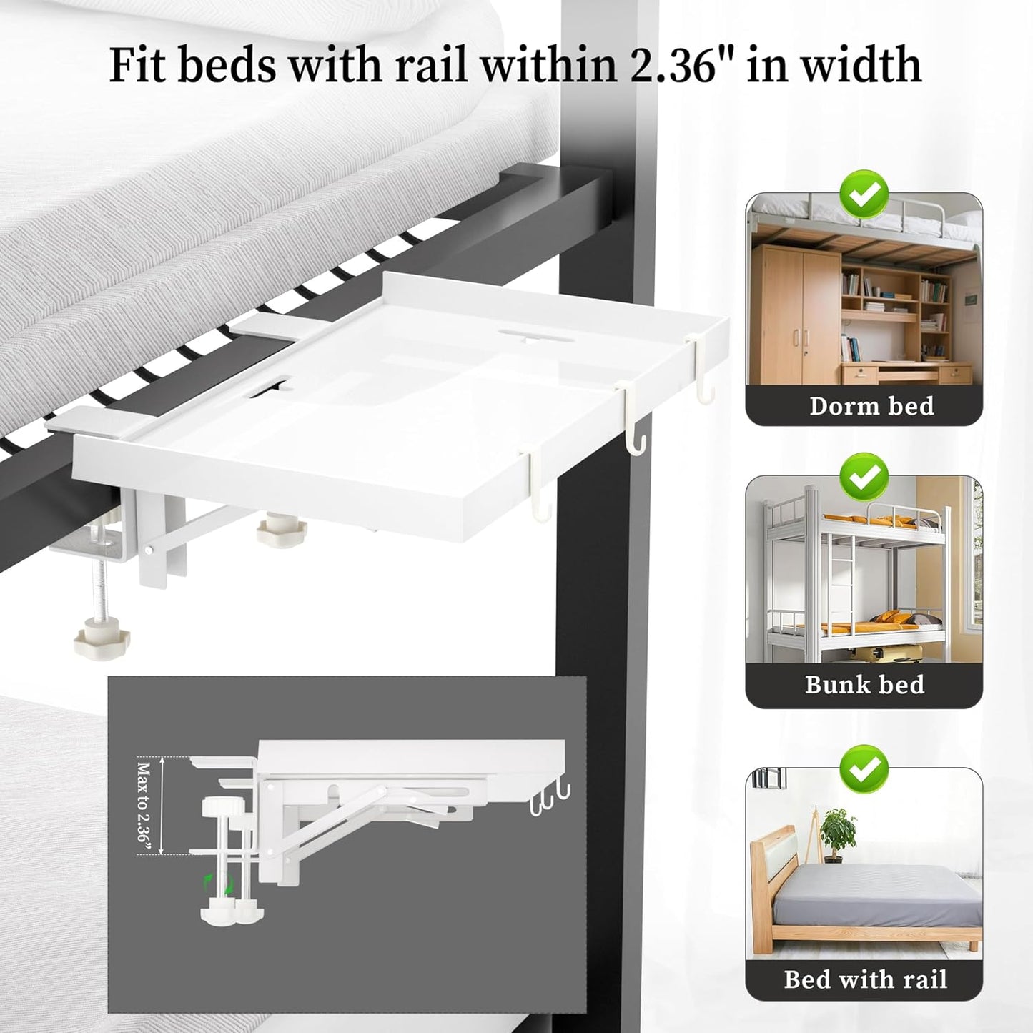 Foldable Bedside Shelf, Metal Clip-On Bed Tray Table for Bunk Bed & Dorm Beds, Dorm Room Essentials Organizer for College Students, Floating Tray, Space Saving Nightstand for Loft Beds (White, Large)