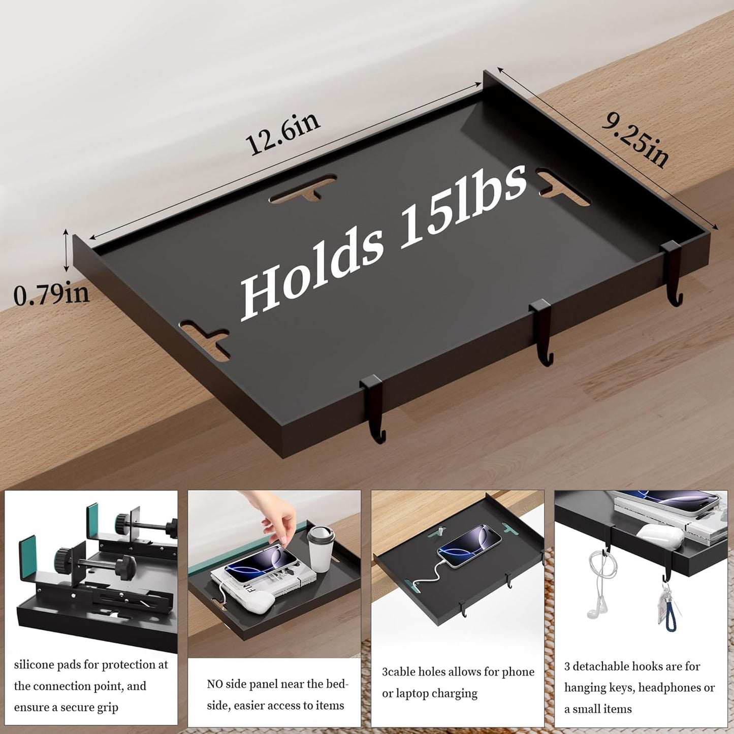 Foldable Bedside Shelf, Metal Clip-On Bed Tray Table for Bunk Bed & Dorm Beds, Dorm Room Essentials Organizer for College Students, Floating Tray, Space Saving Nightstand for Loft Beds (Black, Small)