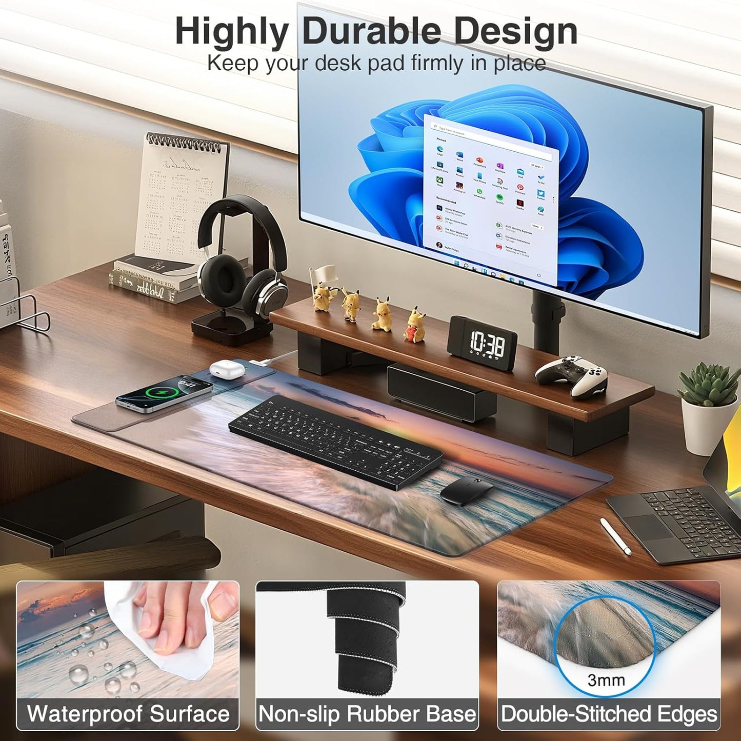 Wireless Charging Mouse Pad, 31.5"x15.8" Large Gaming Desk Mat for Keyboard/Laptop, Waterproof Ultra-Smooth Surface, Non-Slip Base, with 20W PD Adapter, Beach Sunset