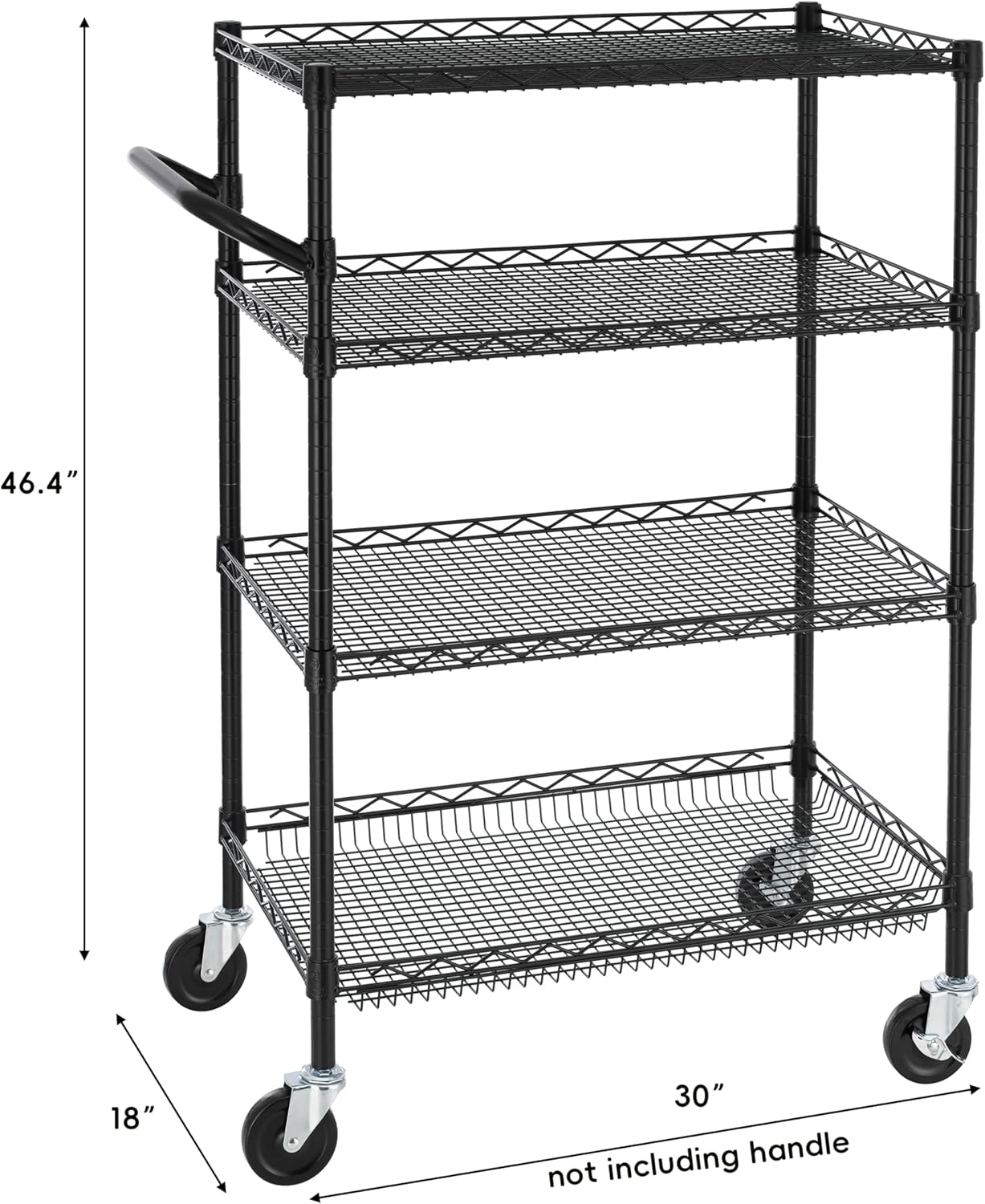 Finnhomy 4 Tier Heavy Duty Commercial Grade Rolling Cart with Handle Bar, Metal Wire Utility Cart with Wheels, Shelf Size 18" D x 30" W, NSF Listed, Black