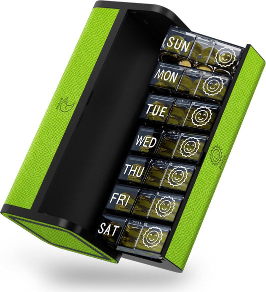Weekly Pill Organizer 2 Times a Day, 7-Day Large Travel Pill Box 7 Day, Am Pm Twice Daily Pill Case with Removable Compartments, Weekly Vitamin Container for Medicine Supplement (Green)