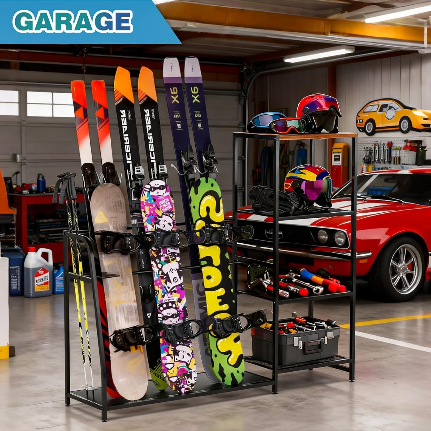 Ski-Snowboard Storage Rack Holder - Freestanding Ski Equipment Organizer Snowboard Boot Stand Garage Gear Storage