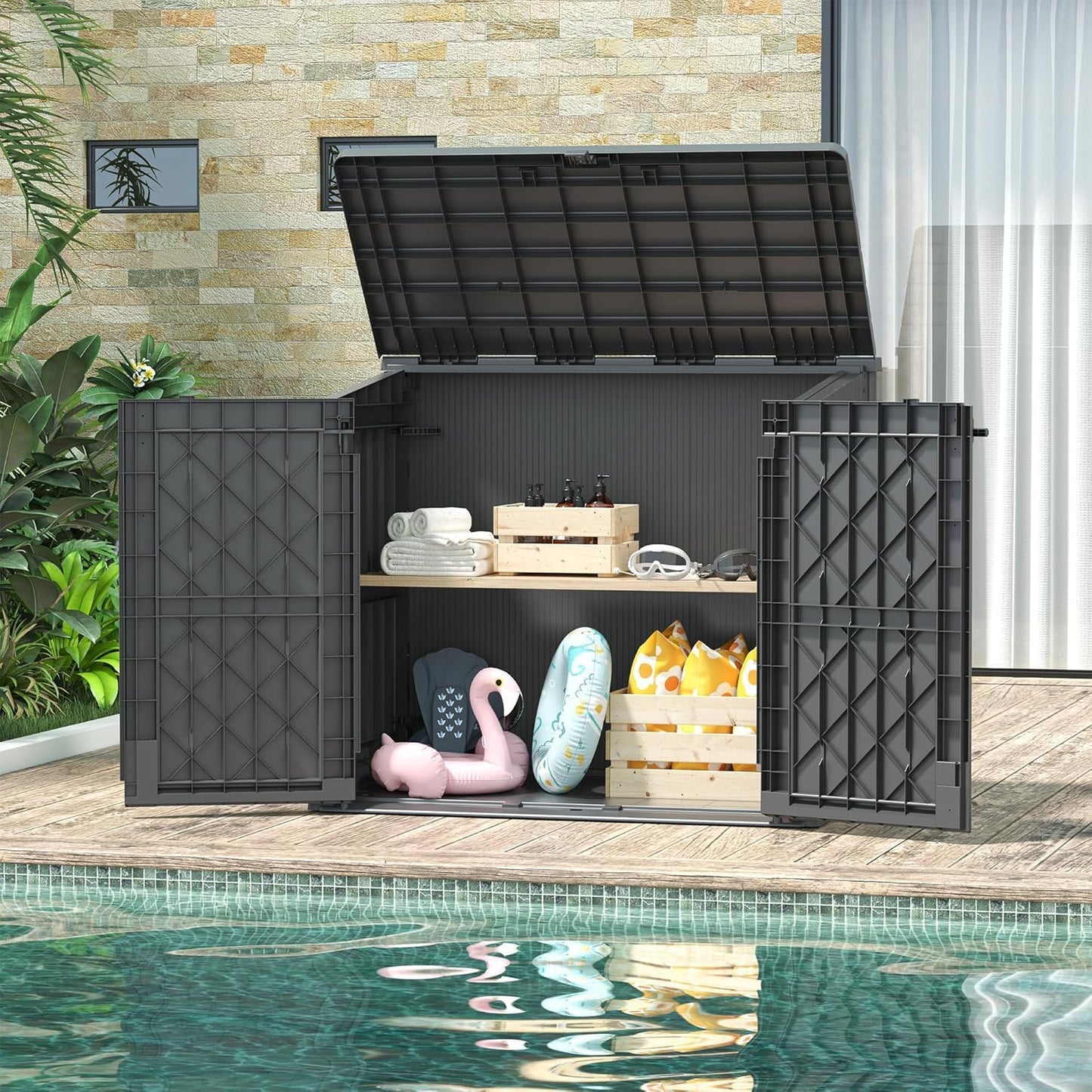 36 Cu Ft Resin Outdoor Storage Shed, Weatherproof Horizontal Outdoor Storage Cabinet with Dual Lock Door for Backyard, Patio, Garage, Garden(Black)