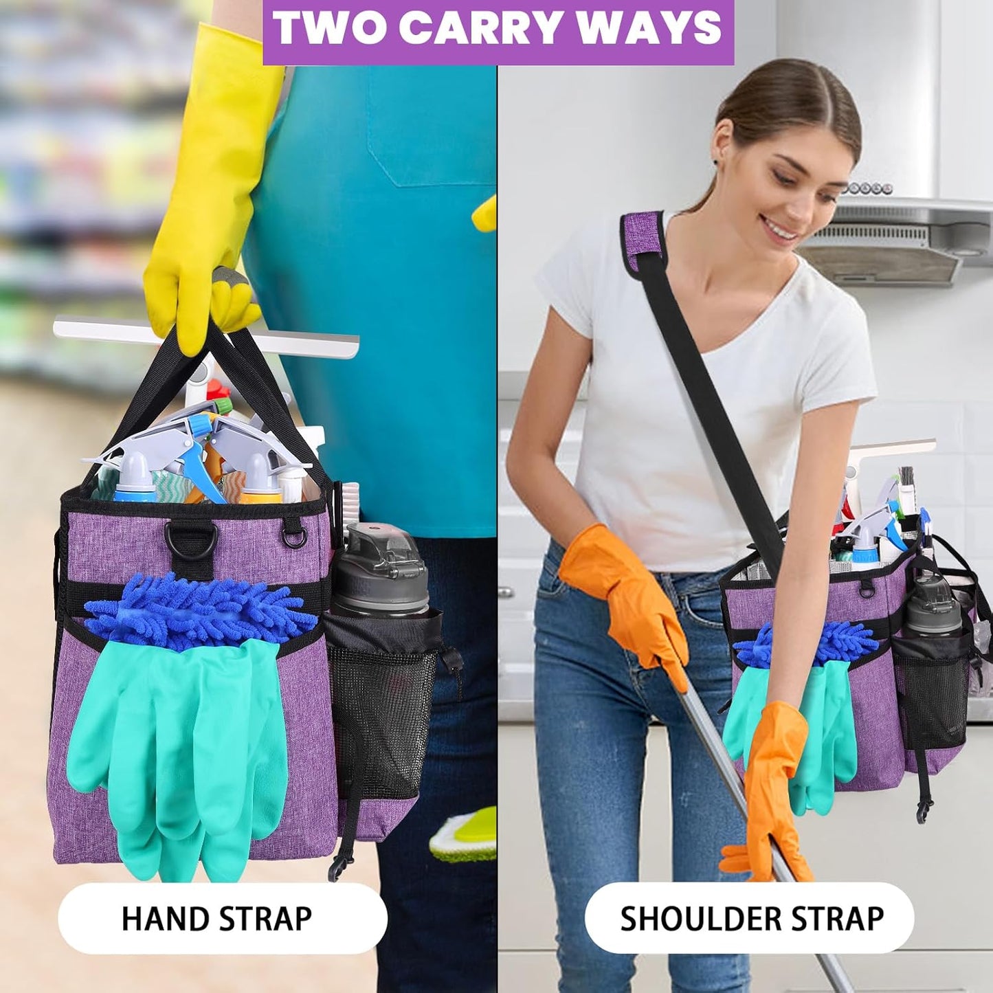 Large Cleaning Caddy Bag Built-in Sturdy Support Board, Cleaning Organizer with Detachable Divider, Cleaning Supply Tote with Adjustable Shoulder Strap&Waist Belt for Cleaners & Housekeeper