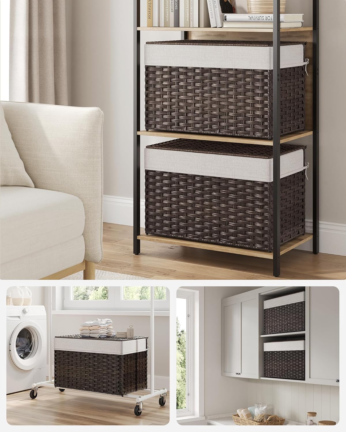 SONGMICS Storage Basket with Lid, Woven Blanket Storage Bin with Handles, Foldable, Removable Liner, Metal Frame, for Bedroom, Laundry Room, 27.7 Gallons (105 L), Brown URST066K01