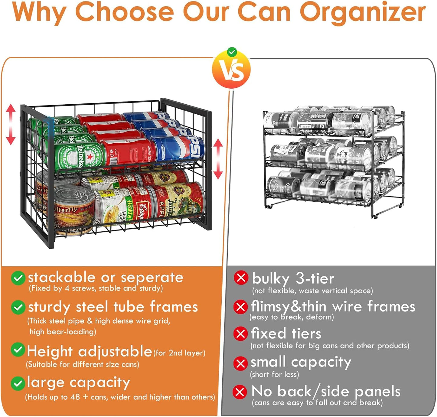 X-cosrack 2 Packs Stackable Can Rack Organizer for Pantry, 2-Tier Adjustable Pantry Can Storage Organizer for Canned Food Can Goods, Kitchen Can Dispenser Holder for Soda Drinks Snack, Black