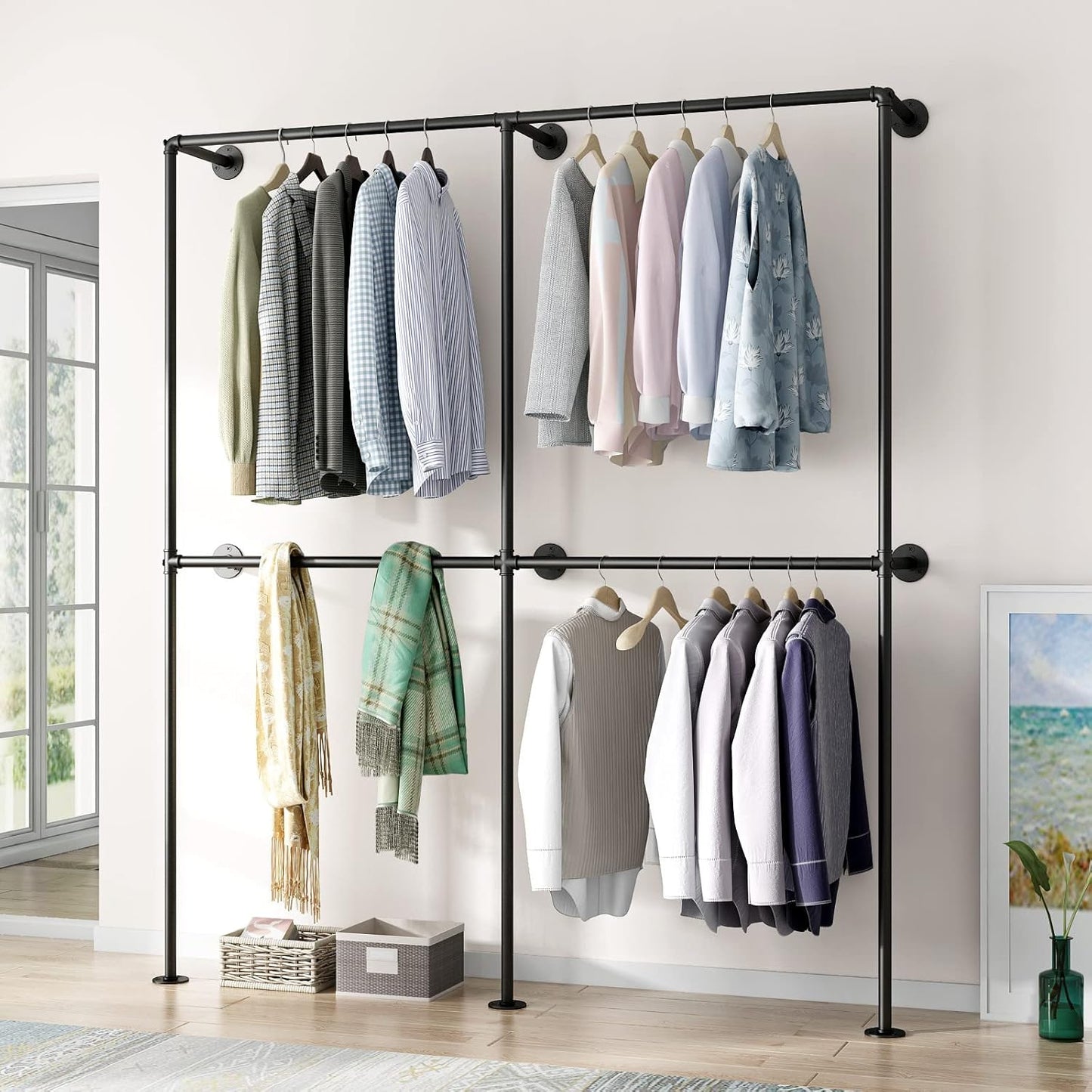 Industrial Pipe Clothing Rack Wall Mounted Garment Rack, Black Pipe Clothes Racks Retail Display Hanging Rod for Closet Storage, Laundry Room