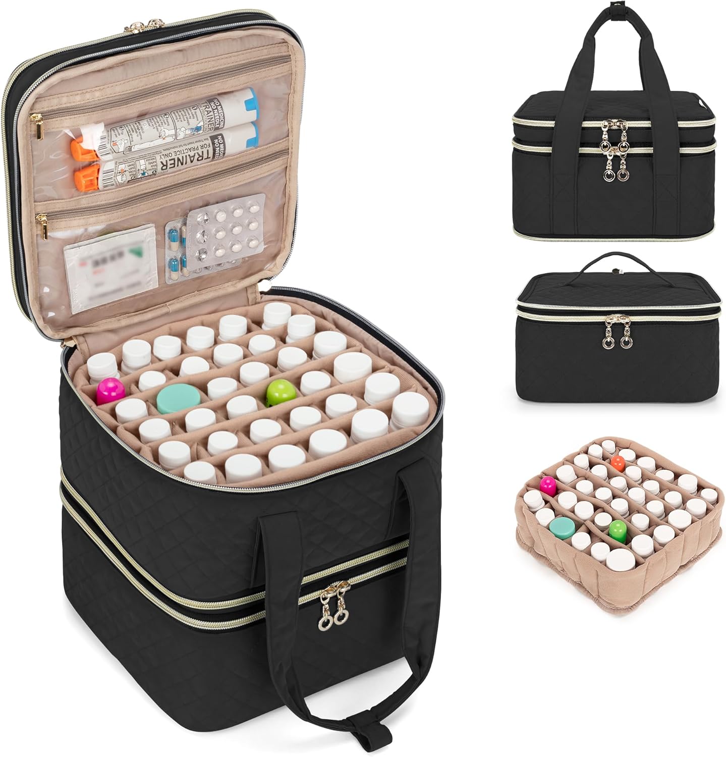 Yarwo Pill Bottle Organizer Storage Bag, 3 Layers Medicine Travel Case Empty with Demountable Design and Dividers for Pills, Potions, Vitamins and Emergency First Aid Supplies, Black (PATENT DESIGN)