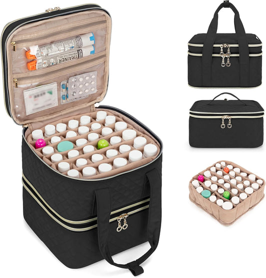 Yarwo Pill Bottle Organizer Storage Bag, 3 Layers Medicine Travel Case Empty with Demountable Design and Dividers for Pills, Potions, Vitamins and Emergency First Aid Supplies, Black (PATENT DESIGN)