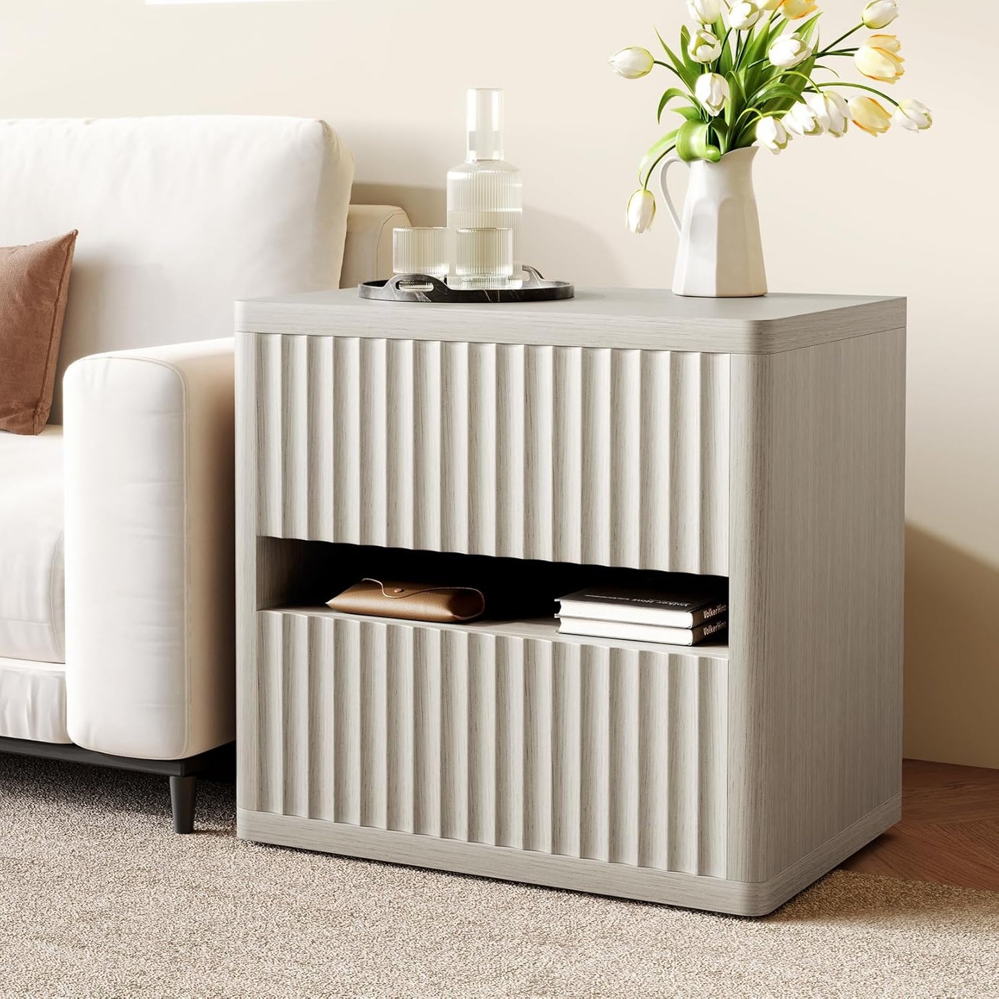 Dripex Fluted Nightstand with 2 Drawers, Large Wide Wood Night Stand Bedside Table for Bedroom, Mid-Century Modern Storage Bed Side Table, End Table for Living Room Sofa Couch, Gray Oak