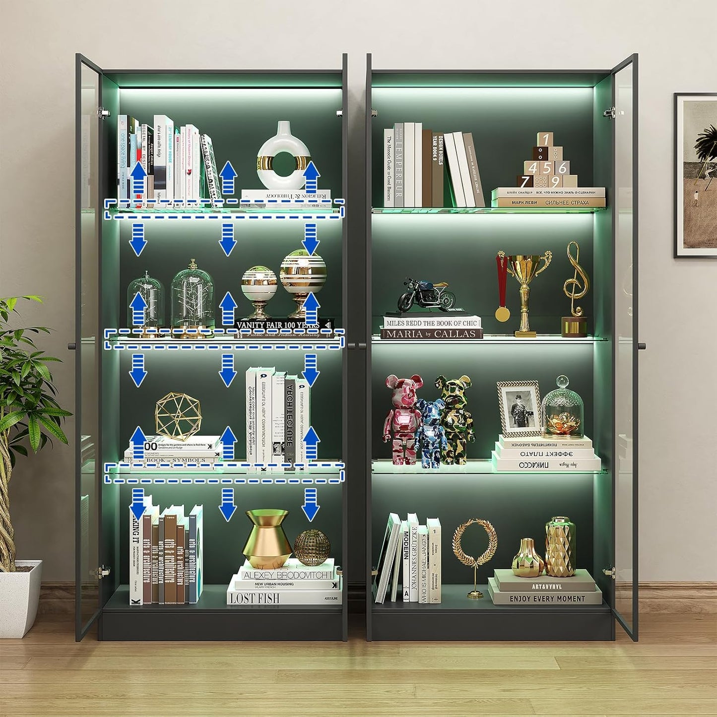 Display Cabinet with LED Lights - Set of 2, Glass Display Case with 3 Adjustable Shelves, Curio Cabinet with 2 Glass Doors, Storage for Collectibles, Living Room