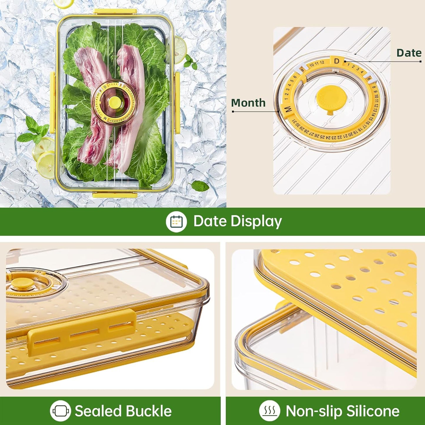 CottonColors Fridge Organizer, Food Storage Containers With Lids for Timer & Drain Board Stackable Refrigerator Organizers and Storage（Short, Large, 2 L, 2 pack）