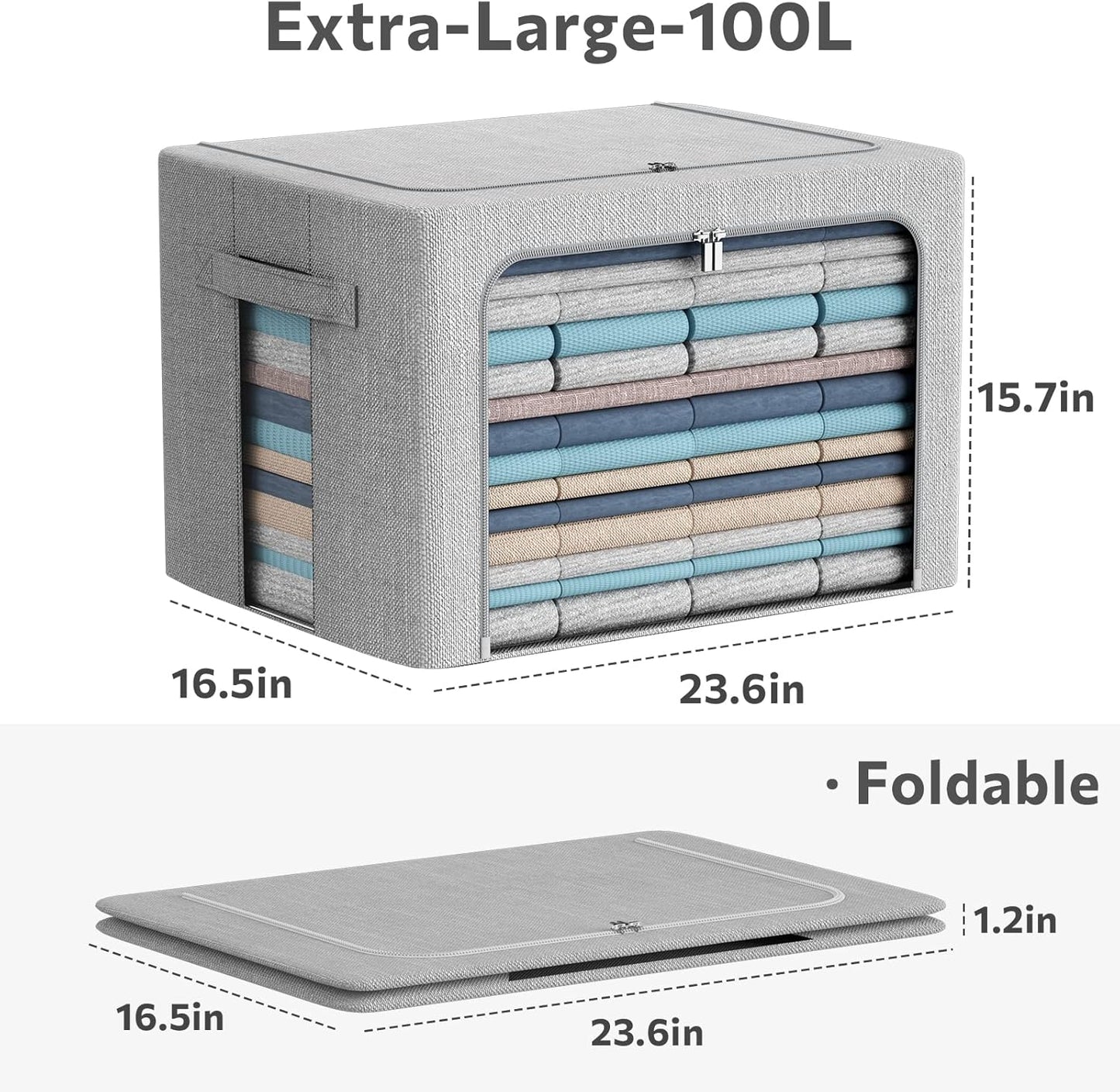 CYhom 3Pack Foldable Storage Bins - Frame Storage Box Linen Fabric Stackable Clothes Container Organizer with Clear Window & Carry Handles Large Capacity (Extra Large-100L, Light Grey)