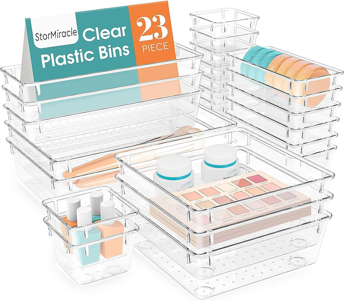23 PCS Drawer Organizer Set, 5 Varied Size Bathroom and kitchen Drawer cabinet organizer Trays, Clear Storage Bins for Makeup, Jewelry, Utensils and Gadgets