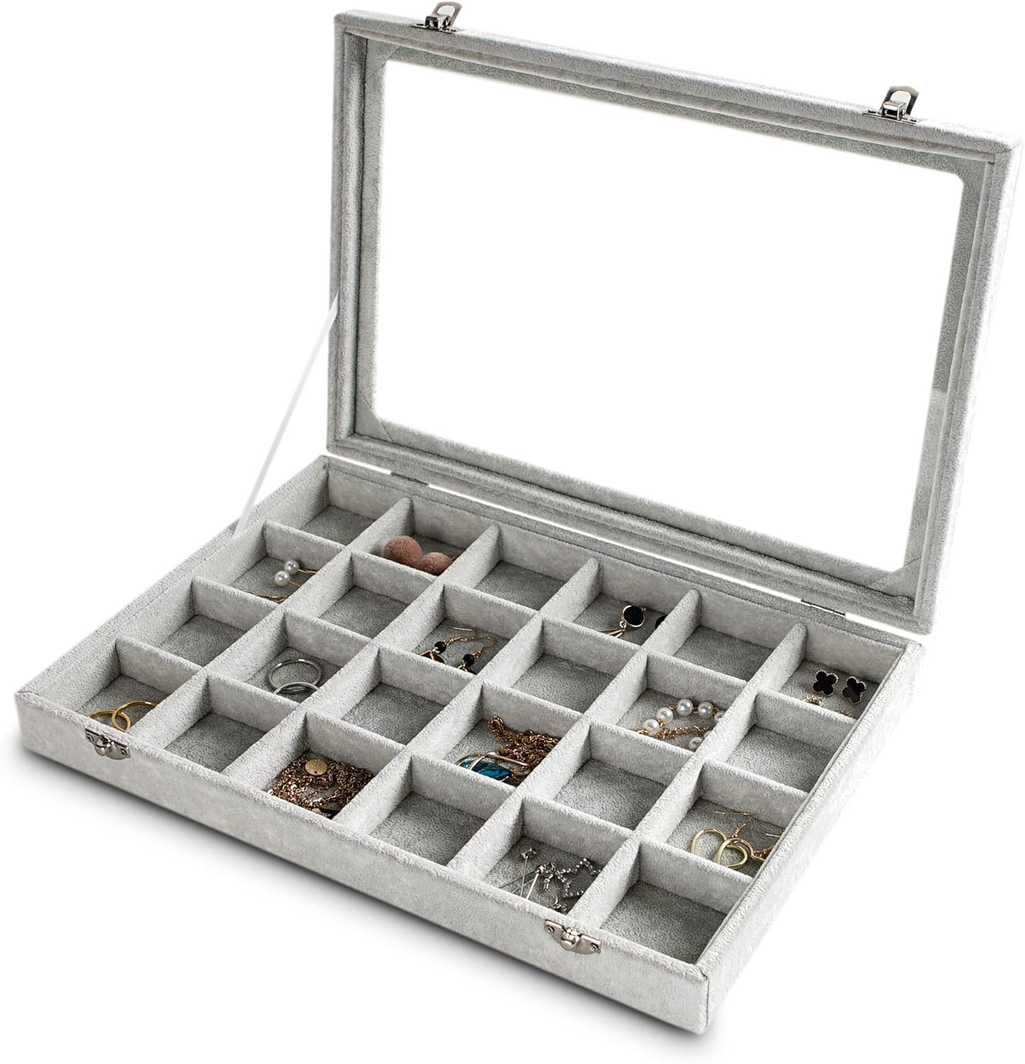 Frebeauty 24 Grid Earring Holder Organizer Tray, Jewelry Organizers and Storage for Drawer,Velvet Jewelry Display Storage for Earrings,Rings,Studs,10.5 x 6.5 x 1.2 Inches Gift for Women (Grey)