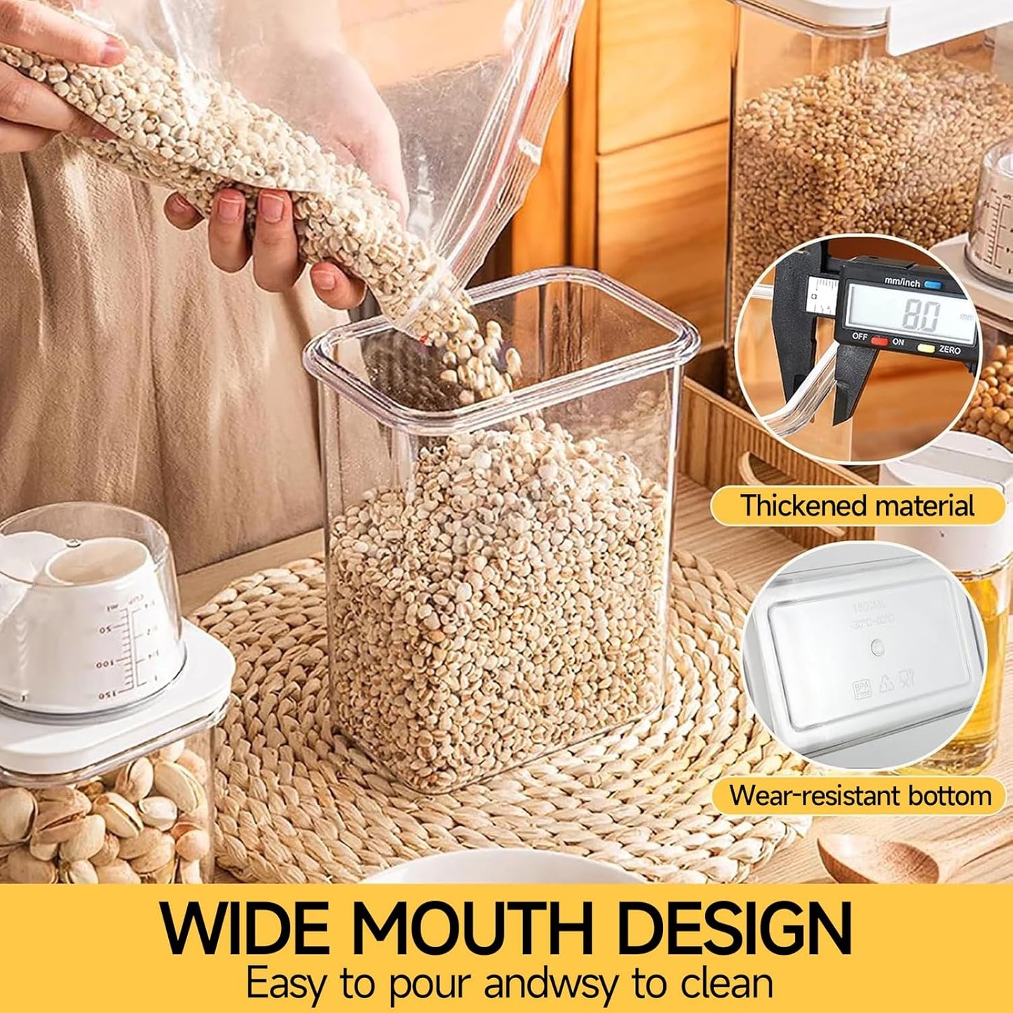 Cereal Container，Rice Storage Dispenser-Airtight Food Storage Organizers BPA-free Plastic Kitchen Pantry Storage Containers food-grade PET material Suitable for rice, grains(2300ml+1800ml)