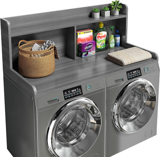 2-Tier Washer Dryer Countertop, 18.5" Raised Height Laundry Countertop with Edge Rails and Non-Slip Pad, 54"W x 27.55"D Washer and Dryer Topper for Laundry Room Storage Organization (Stripe Gray)