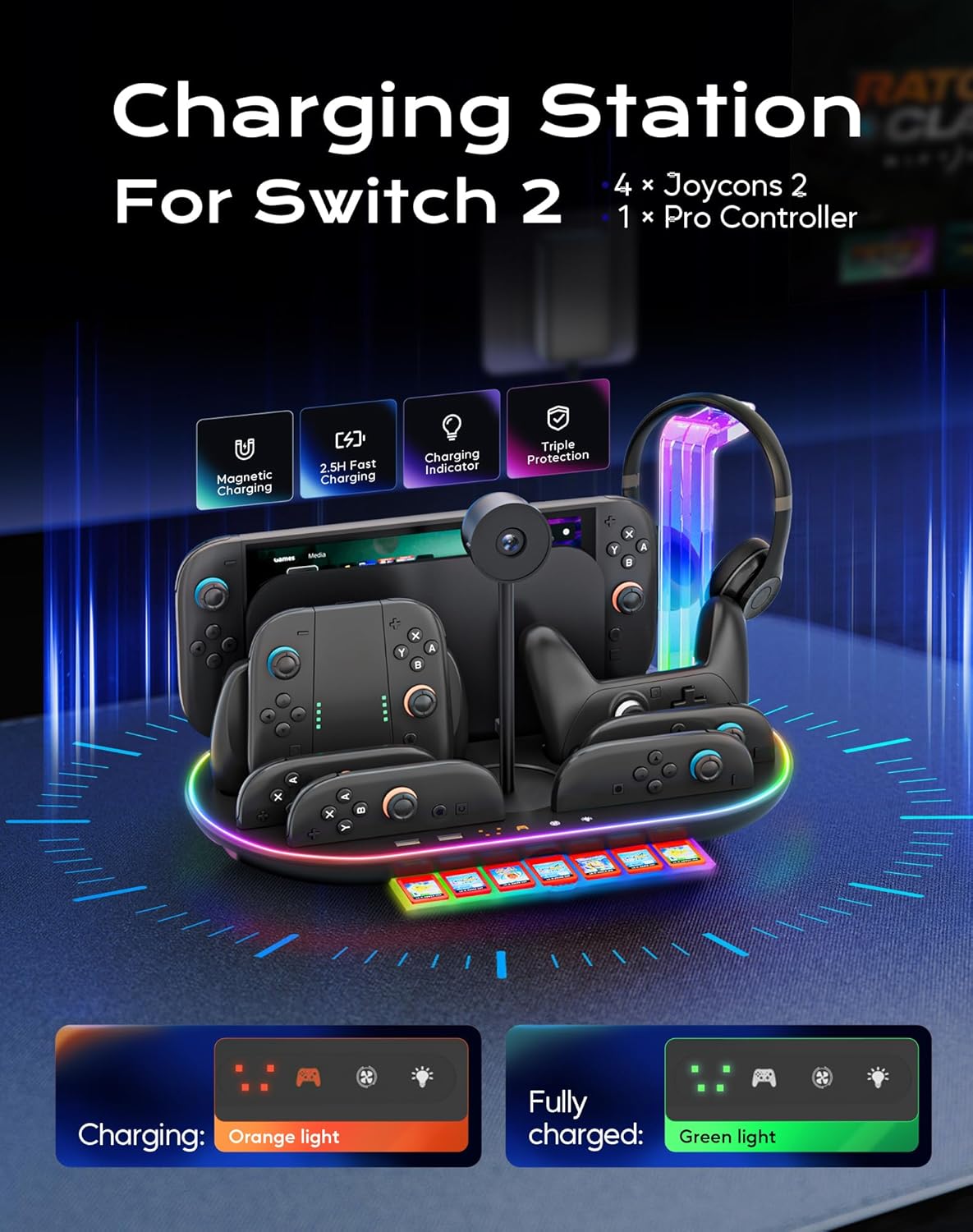 Uxilep Switch 2 Charging Dock,Multifunctional Organizer Station for Nintendo Switch 2 Accessories with Console Cooling Fan,4 Joycon 2 & Pro Controller Charger,Switch 2 Camera Storage,Headset Holder and 7 Card Slots (Black)