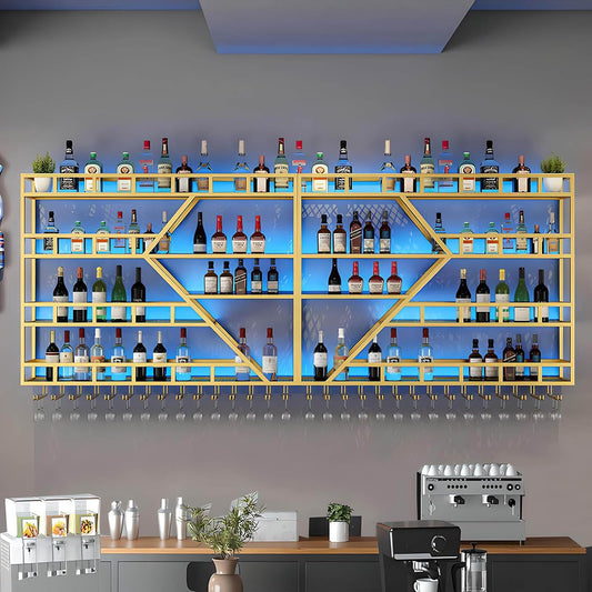 95in Large Wall Mounted Wine Rack 4 Tier Metal Wine Bottle Holder Modern Diamond Design Floating Bar Liquor Bottles Storage Rack for Home Restaurant Bar Decorative(Gold, 4 Tier - 95in)