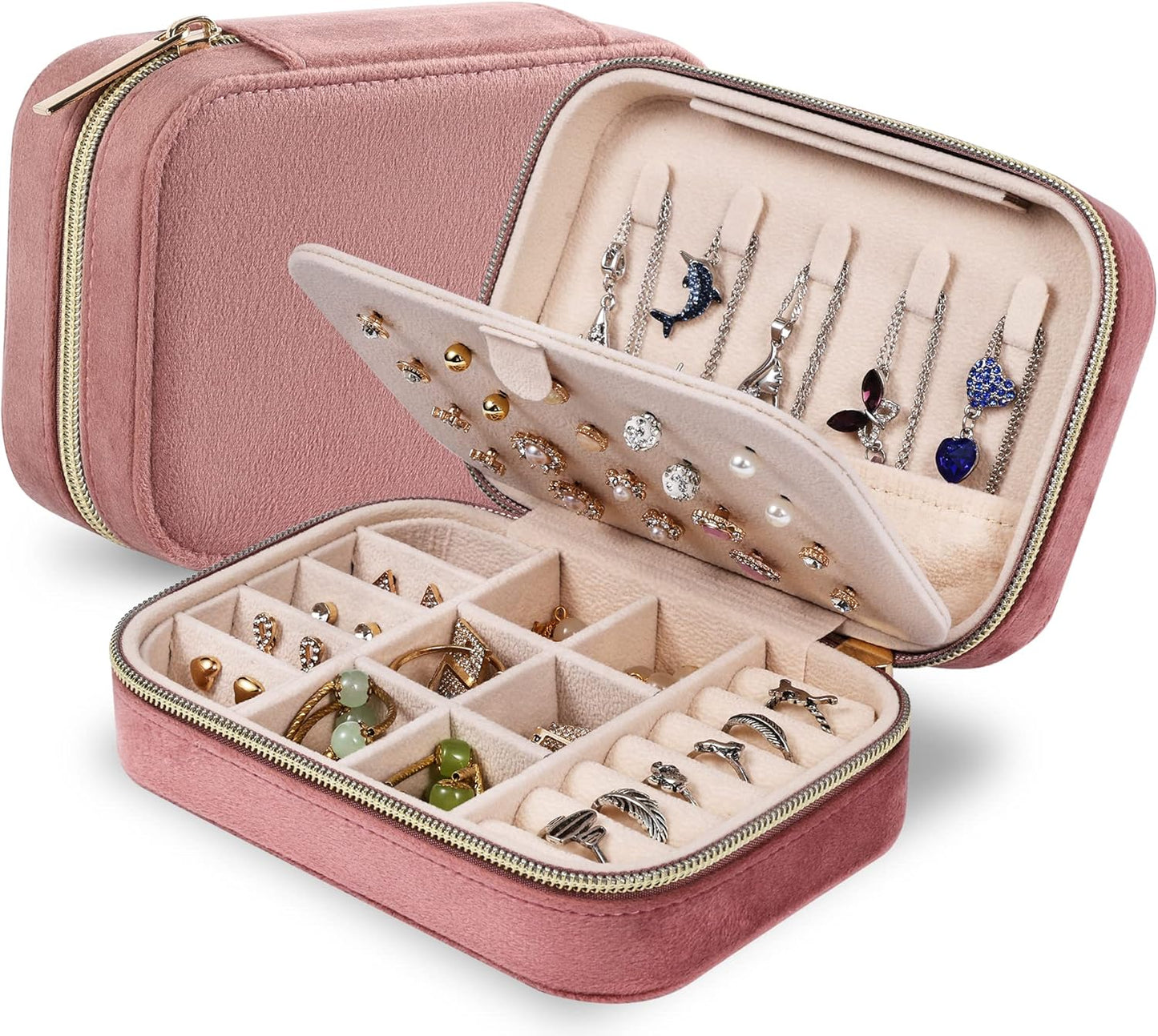 Dajasan Velvet Jewelry Box, Small Travel Jewelry Case, Portable Travel Jewelry Organizer Box for Women Girls (Pink)