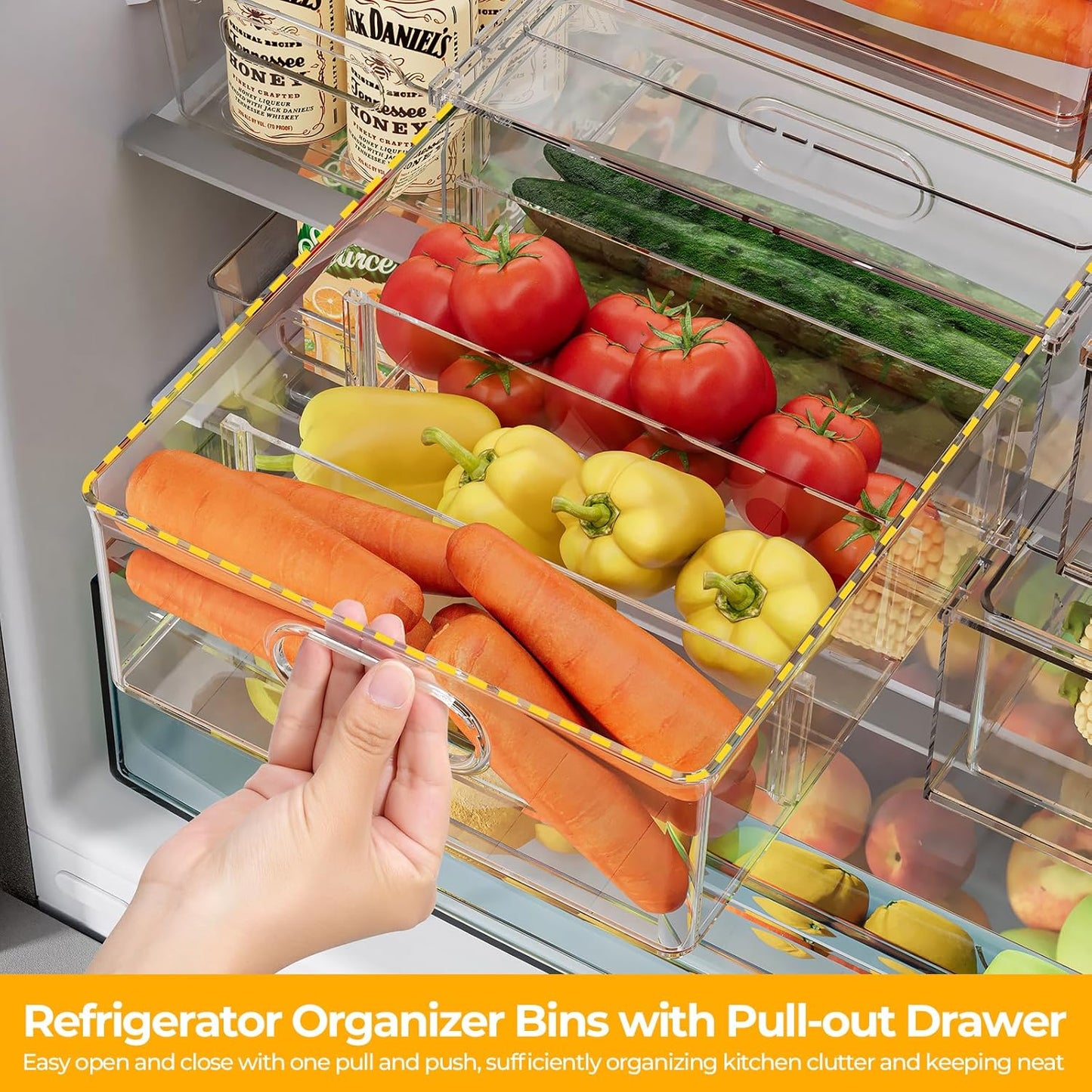 Refrigerator Organizer Bins with Pull-out Drawer 6 Pack Stackable Clear Fridge Drawer Organizer Fruit Vegetable Storage Containers for Kitchen Pantry Organization (2 Large+4 Medium)