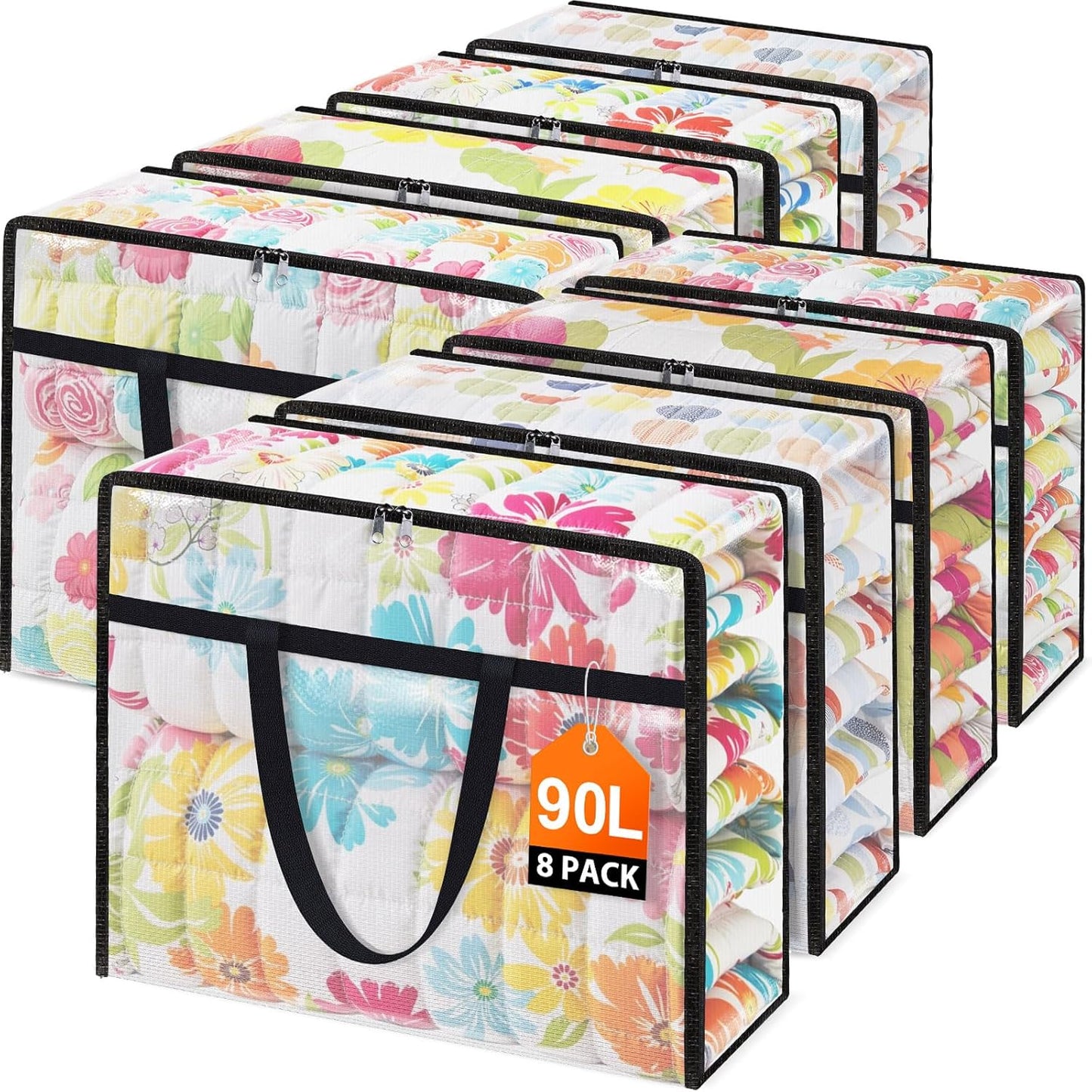 Clear Under Bed Storage Containers - 8 Pack Large Capacity Clothes Storage Bags with Lid & Sturdy Handles, Foldable Moving Bags, Clothing Organizer Totes for Bedding, Comforter, Sheet（90 L）