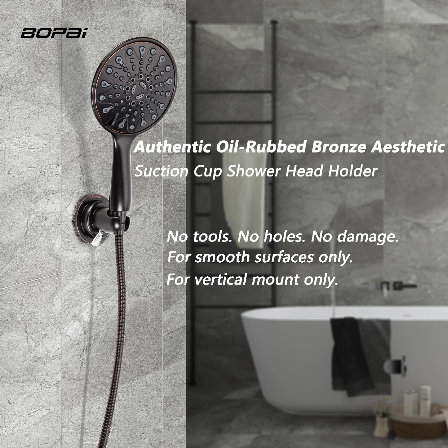 BOPai Suction Cup Shower Head Holder for Handheld Shower – No Drill, for Smooth Surfaces Only, Vertical Mount Only, Oil Rubbed Bronze