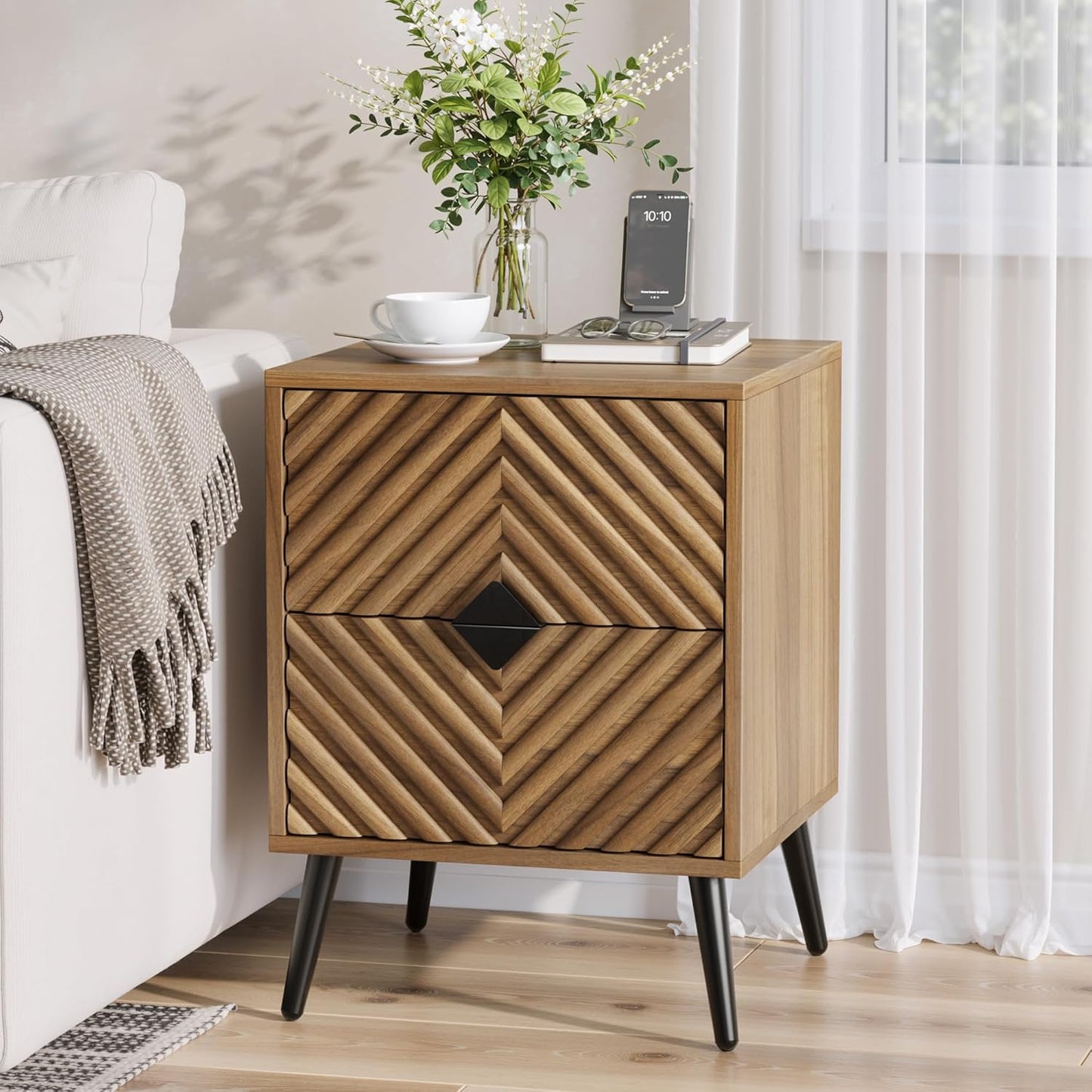 Nightstands, Walnut Night Stand with Diamond-Patterned Drawer Decor, Mid Century Modern Nightstand, Bedside Table with Diamond Handle, End Tables Bedroom with Metal Legs, Night Stand for Bedroom