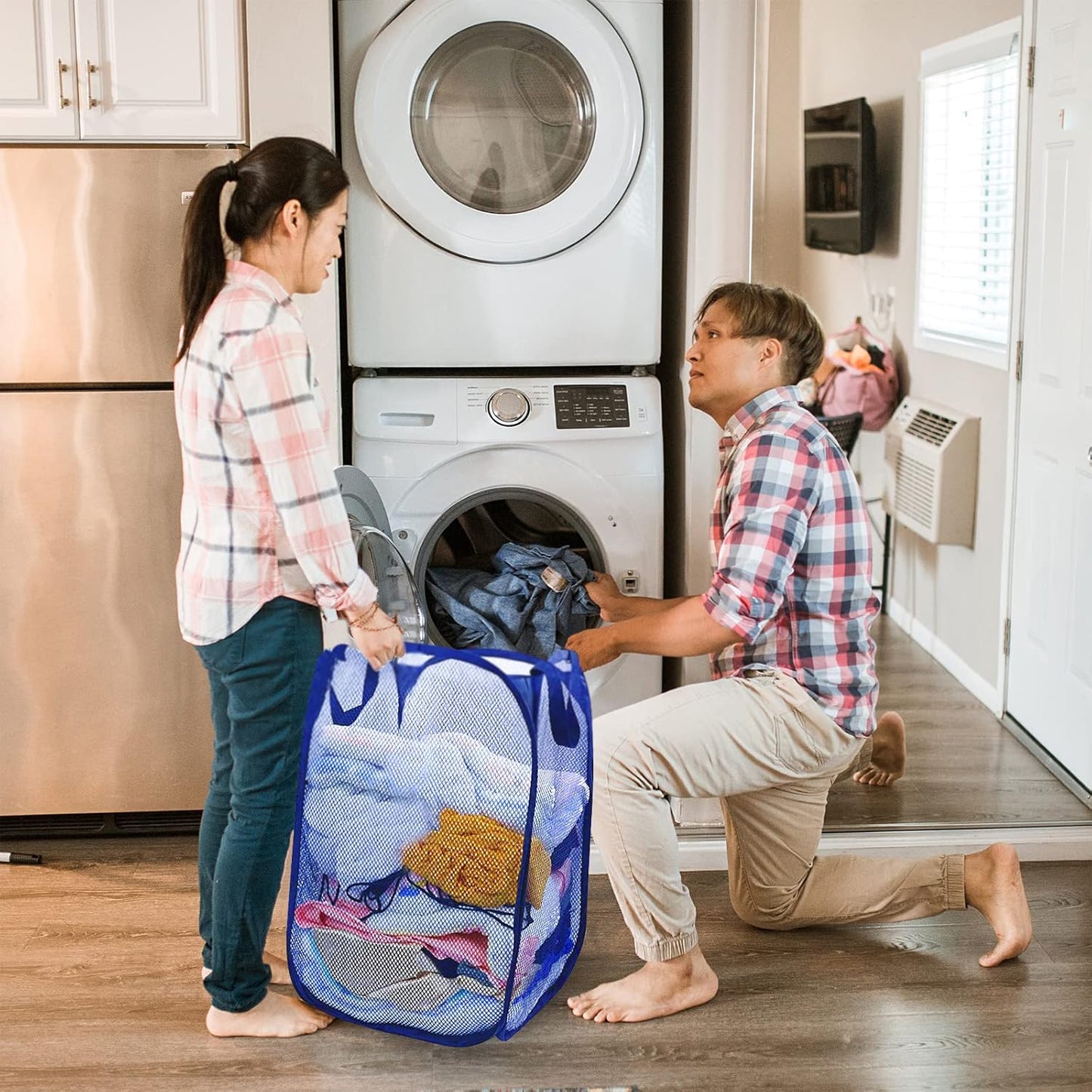 Collapsible Pop Up Laundry Hamper, Extra Large Mesh Foldable Laundry Basket, 28" x 16" x 16" (Blue)