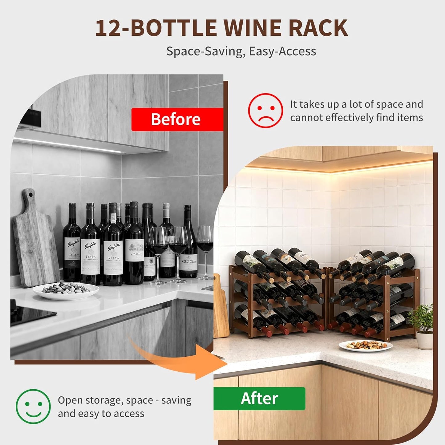 Wine Rack Bamboo Wine Racks Countertop,Sturdy Wine Rack for Inside Cabinet & Freestanding Floor,2 Set of 3-Tier 12 Bottles Racks for Kitchen,Cabinets,Home Bar,Wine Storage Racks(3-Tiers)