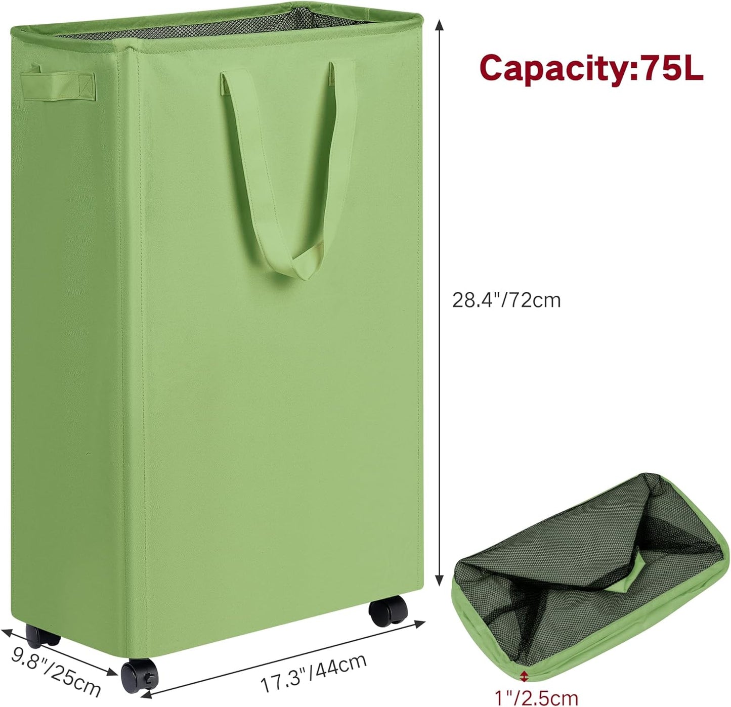 efluky Slim Laundry Hamper with Wheels, Rolling Laundry Basket for Clothes, Small Laundry Basket for Bedroom, Dorm and Laundry Room, 75L (19.8 Gallons) Green