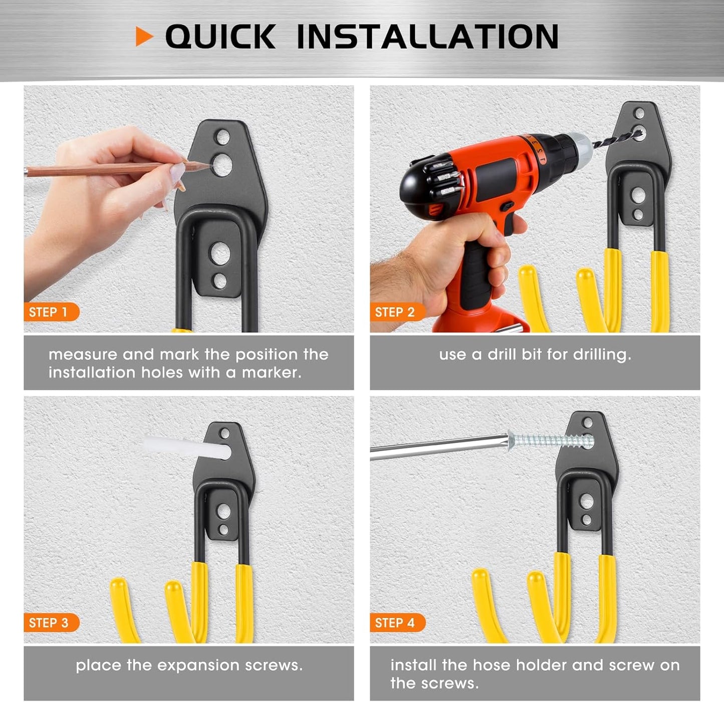 Hose Hanger Wall Mount 2 Pack,Heavy Duty Hose Holder with Screws Metal Hose Hangers for Outside,Hose Rack Suitable for Garage,Garden and Yard,Yellow