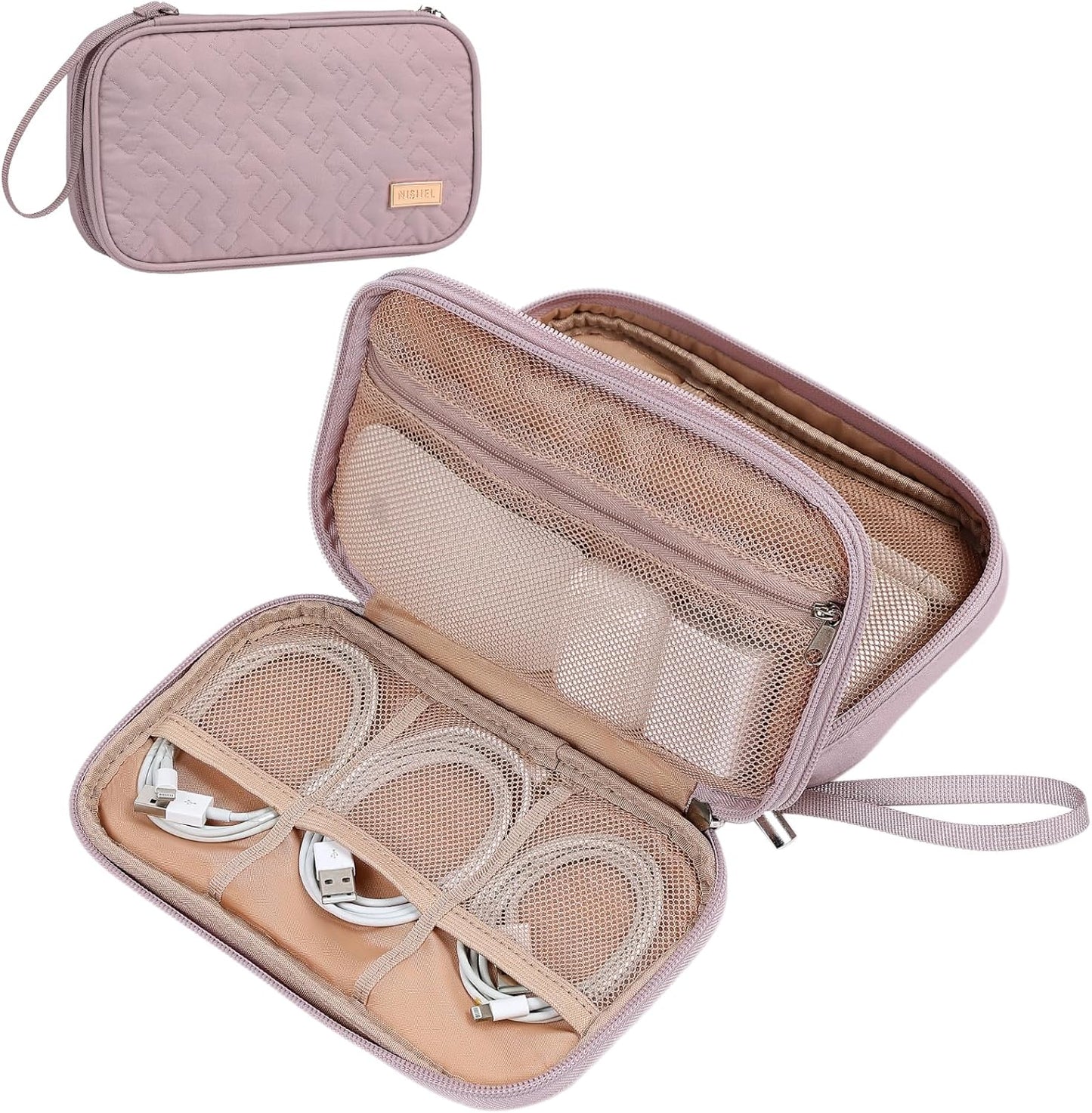 NISHEL Travel Cord Organizer Case, Double Layers Tech Electronic Bag, Essentials for Charger, Cable, Phone, Flash drive, Medium, Peach Pink