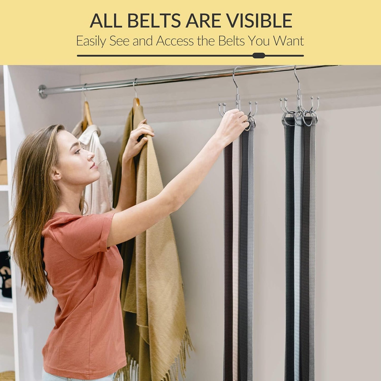 Belt Hanger, Space Saving Belt Organizer for Closet, Max 24 Storage Capacity, Rotating Belt Rack Closet Organizers and Storage for Hanging Belt, Ties, Silver