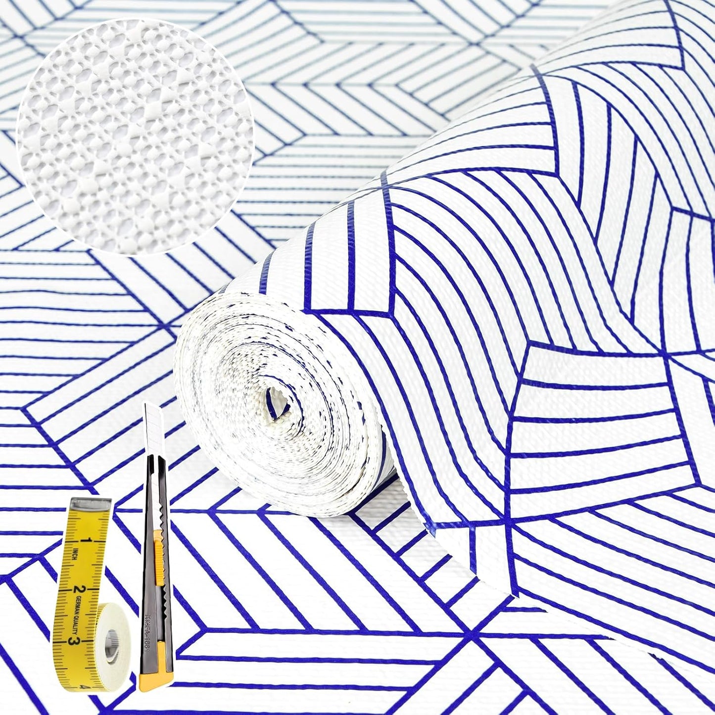Shelf Liners for Kitchen Cabinets 17.3in x 20FT, Non Adhesive Cabinet Liner Strong Non-Slip White and Blue Geometric Drawer Liner, Easy to Clean for Shelf, Cabinet with Knife and Tape Measure
