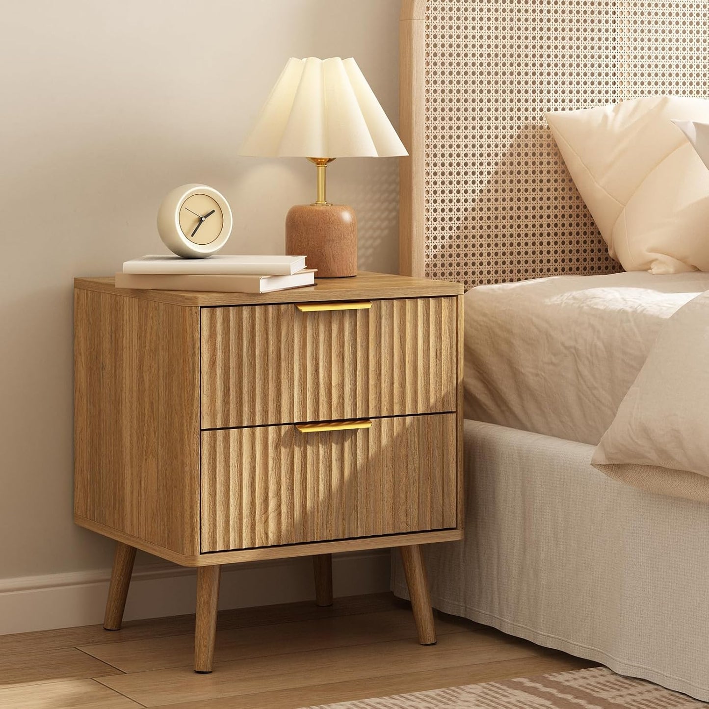 CARPETNAL Fluted Nightstand Set of 2, Walnut Bedside Table with 2 Drawers and Gold Handles, Wood End Table Mid Century Night Stands for Bedroom Living Room