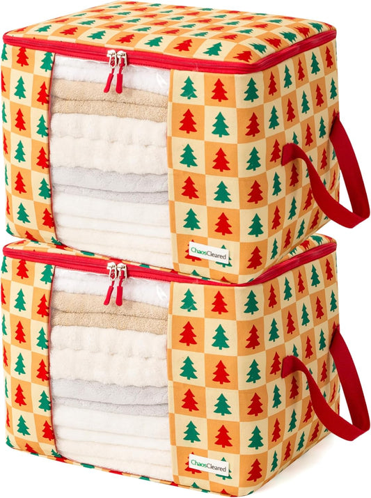 Designer Christmas Canvas Clothing Storage Bags 2 Pack Clothes Organizer bags for sweaters, clothing, garments, quilt, linens, large folding organizers with zip & window, moth proof space saver