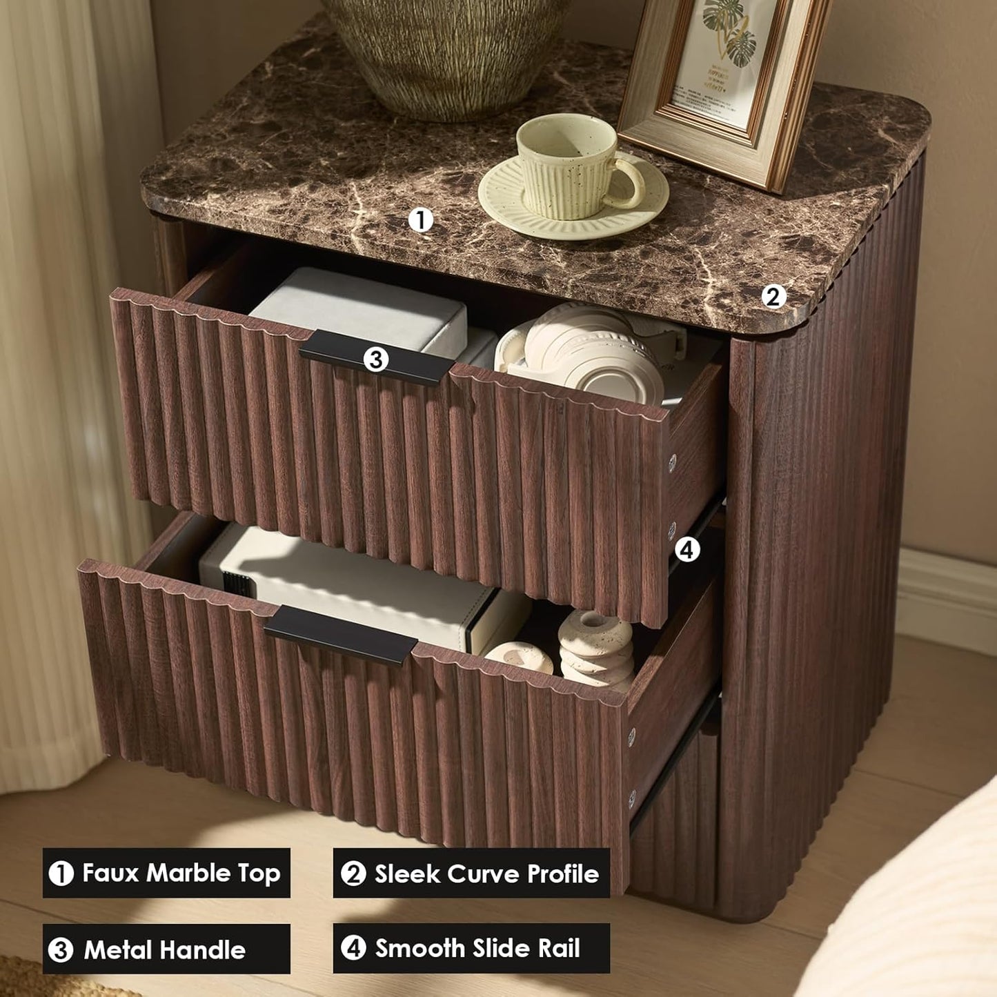 Fluted Nightstand Set of 2, Engineered Wood Bedside Table with 3 Drawers, Modern End Table with Faux Marble-Top, Curved Corners, Metal Handle, Large Night Stand for Bedroom, Office, Closet, Dark Oak