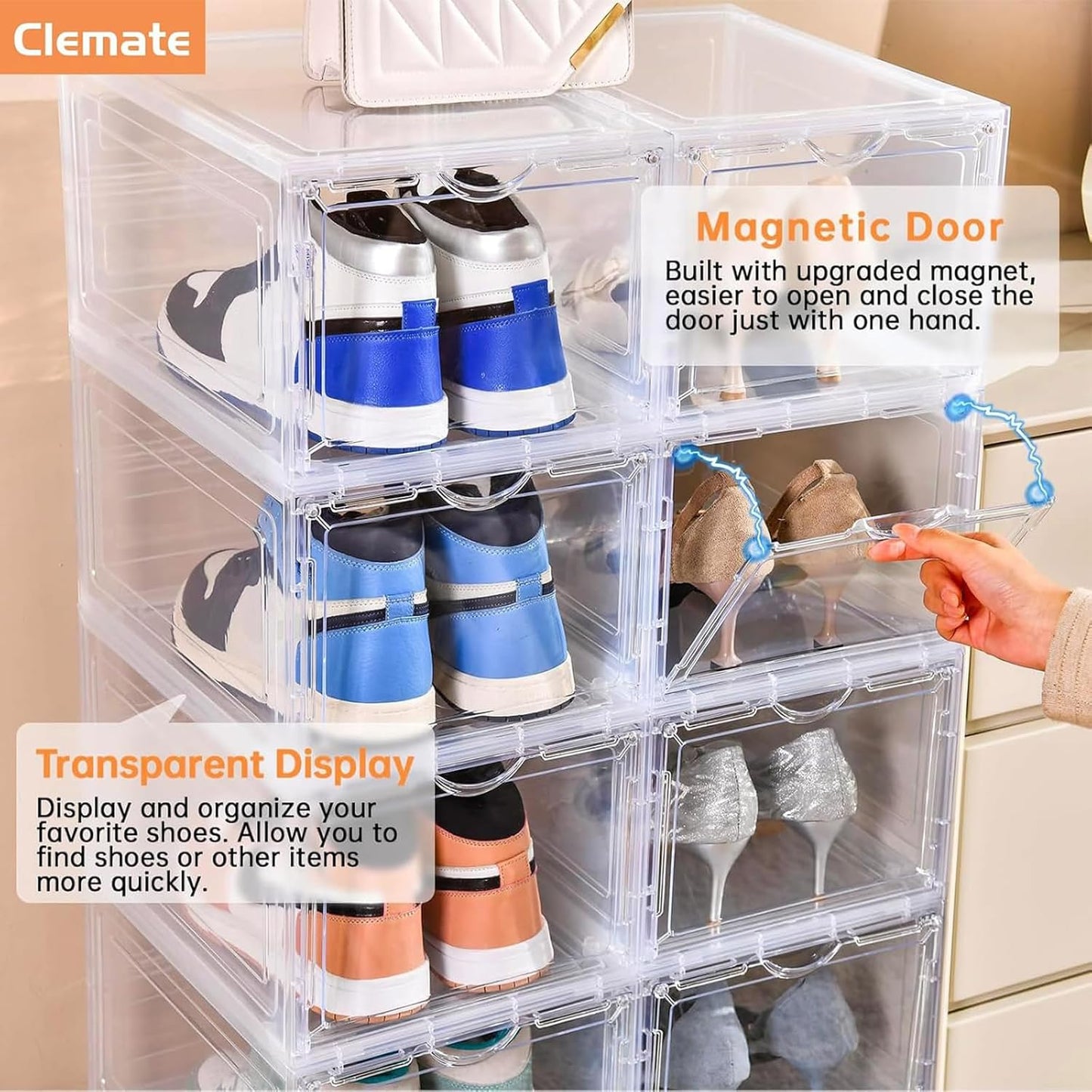 Clemate Upgraded X-Large Shoe Storage Box,8 Pack,Shoe Box Clear Plastic Stackable,Drop Front Shoe Box with Clear Door,Shoe Organizer and Shoe Containers For Sneaker Display,Fit up to US Size13
