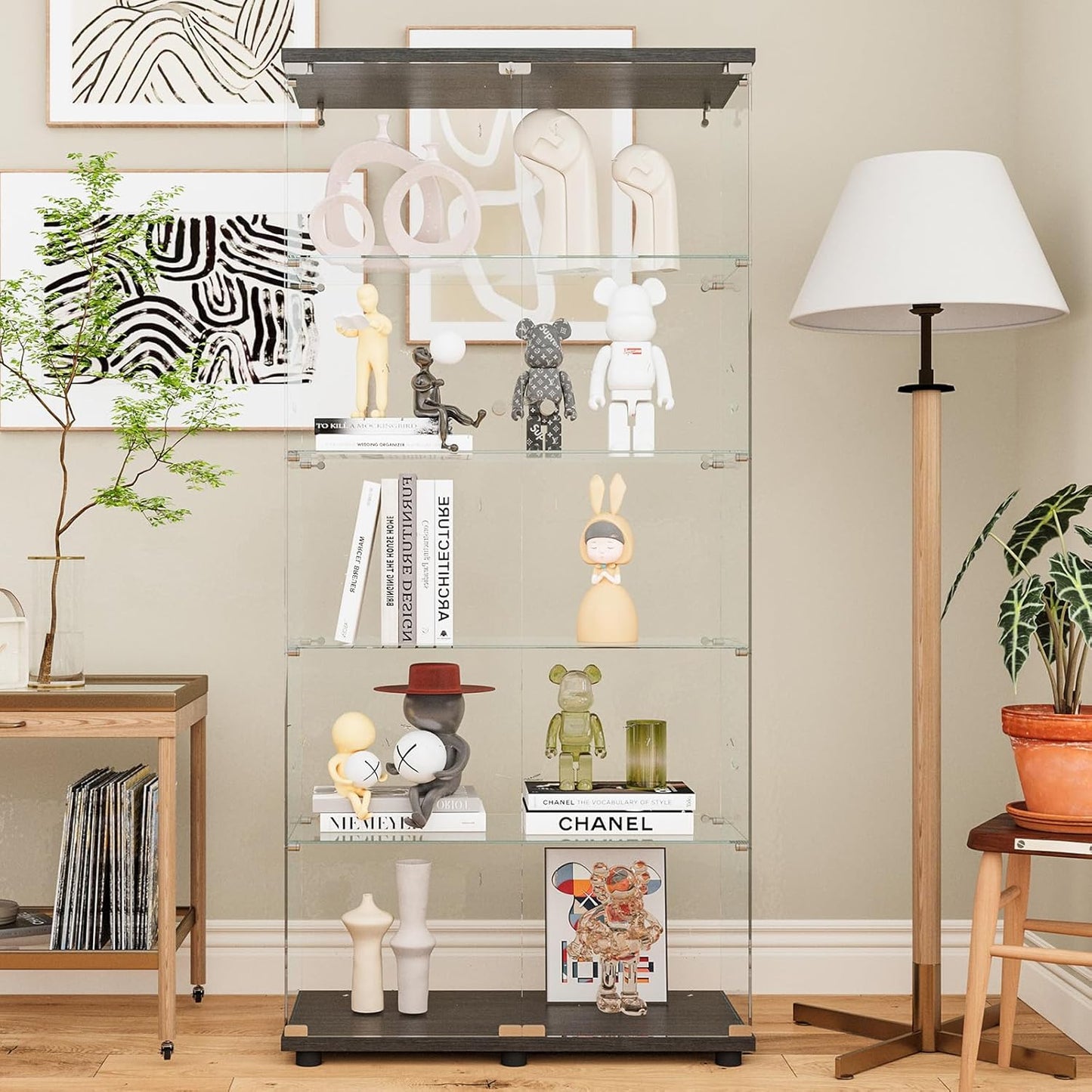Beauty4U Glass Display Cabinet with 5 Shelves Double Door, Curio Cabinets for Living Room, Bedroom, Office, Black Floor Standing Glass Bookshelf, Quick Installation