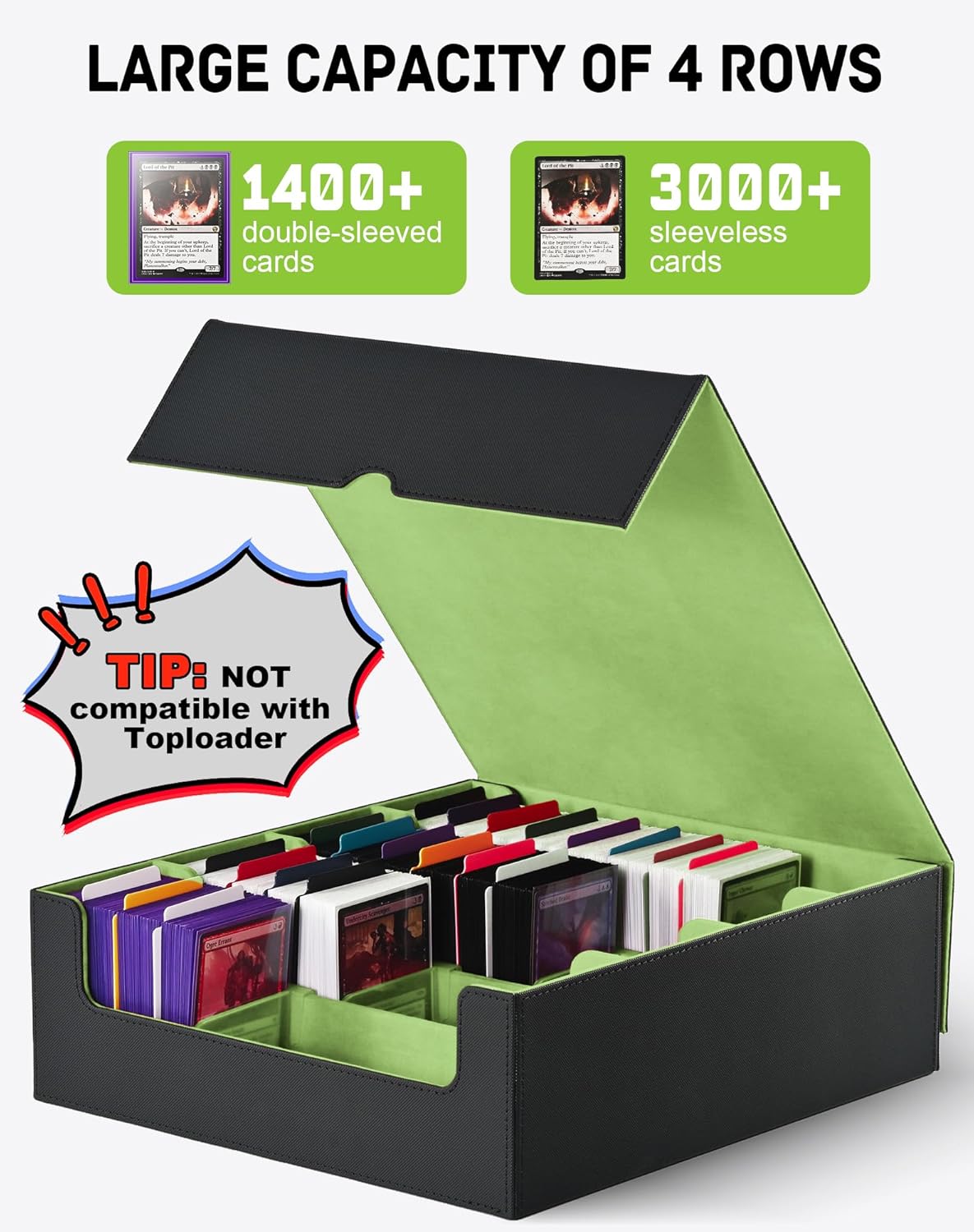 ZLCA Card Storage Box for MTG PTCG, Commander Deck Box Holds 3200+ Cards, Trading Card Storage Case with 4 Stoppers, Card Organizer for TCG Sport Cards(Black&Green)
