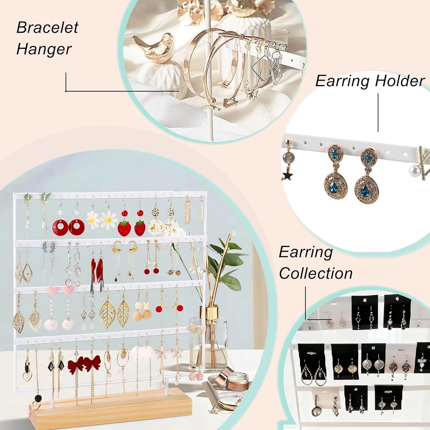 Earring Organizer Stand for Women, 4 Tier Tall Jewelry Holder Organizer Rack, Tabletop Display Rack Multiple Pierced Earrings, Wood and Iron Hanging Jewelry Organizer