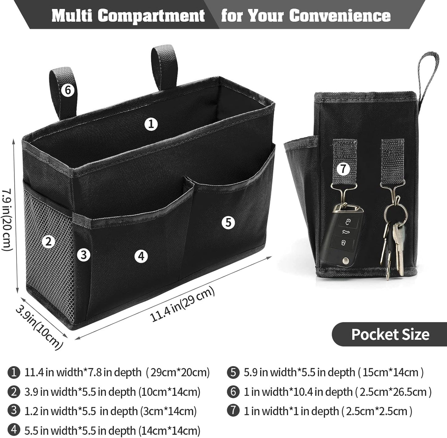 Bseash Bunk Bed Organizer, Bedside Caddy Hanging Bed Organizer Storage Bag with 4 Pockets and 2 Hooks, for College Dorm Rooms Bed, Hospital Bed, Baby Bed Rails, 600D Oxford Cloth (Black)