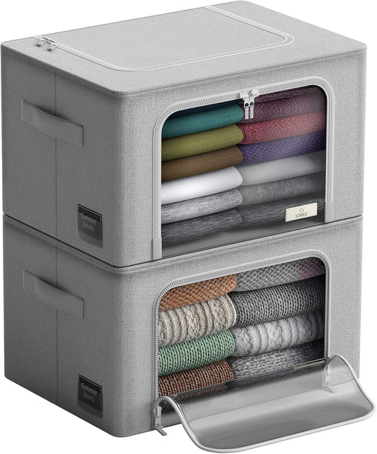 Storage Bins with Metal Frame - Stackable & Foldable Clothes Organizer Bags - Oxford Fabric Storage Containers with Large Clear Window & Carry Handles, Organization for Bedding, Linen, Clothes & More