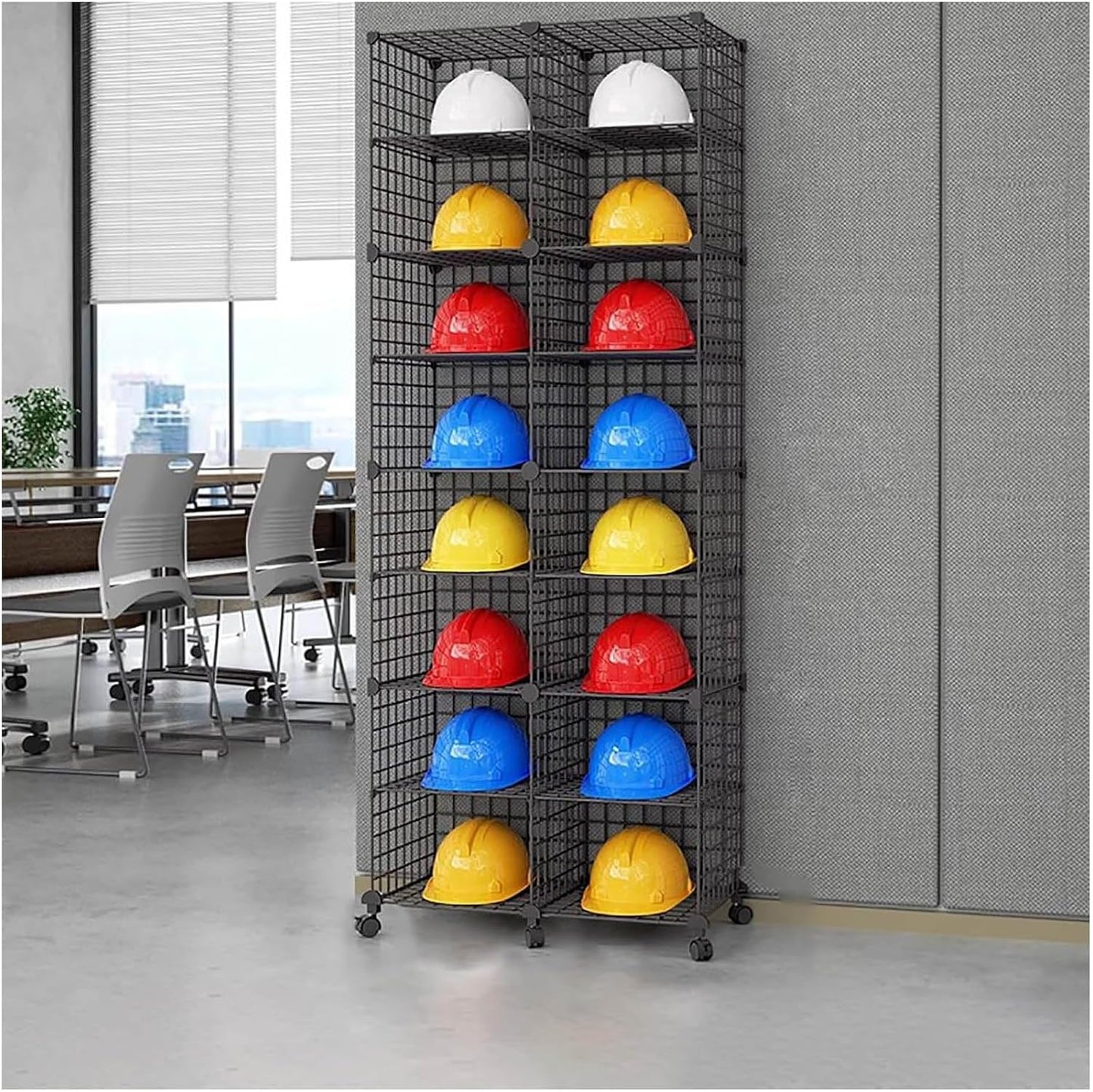 Stackable Safety Helmet Storage Boxes, Large Adjustable Hard Hat Placement Organizer Rack,with Wheels,for Construction Site/Garage/Workshop/Factory Helmet Display Shelf (Black, 16 Grids-2 * 8)