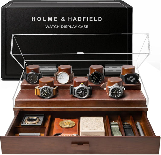 Premium 7 Slot Watch Box for Men - Large Wooden Watch Display Case with Hinged Cover, Leather Lining & Drawer - Watch Holder Organizer Stand - Handcrafted Luxury Christmas Gift for Men